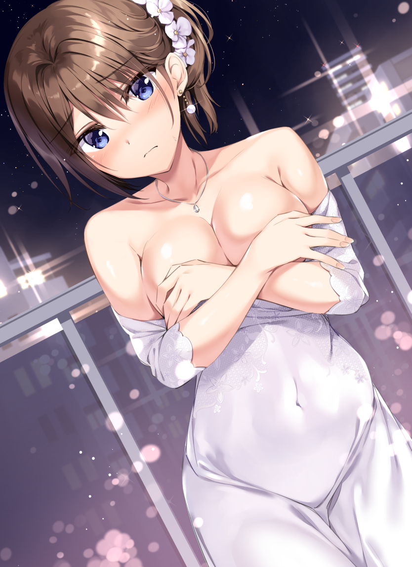 big_breasts blue_eyes blush boku_no_kanojo_sensei brown_hair fujiki_maka no_bra oryou tagme teacher white_dress