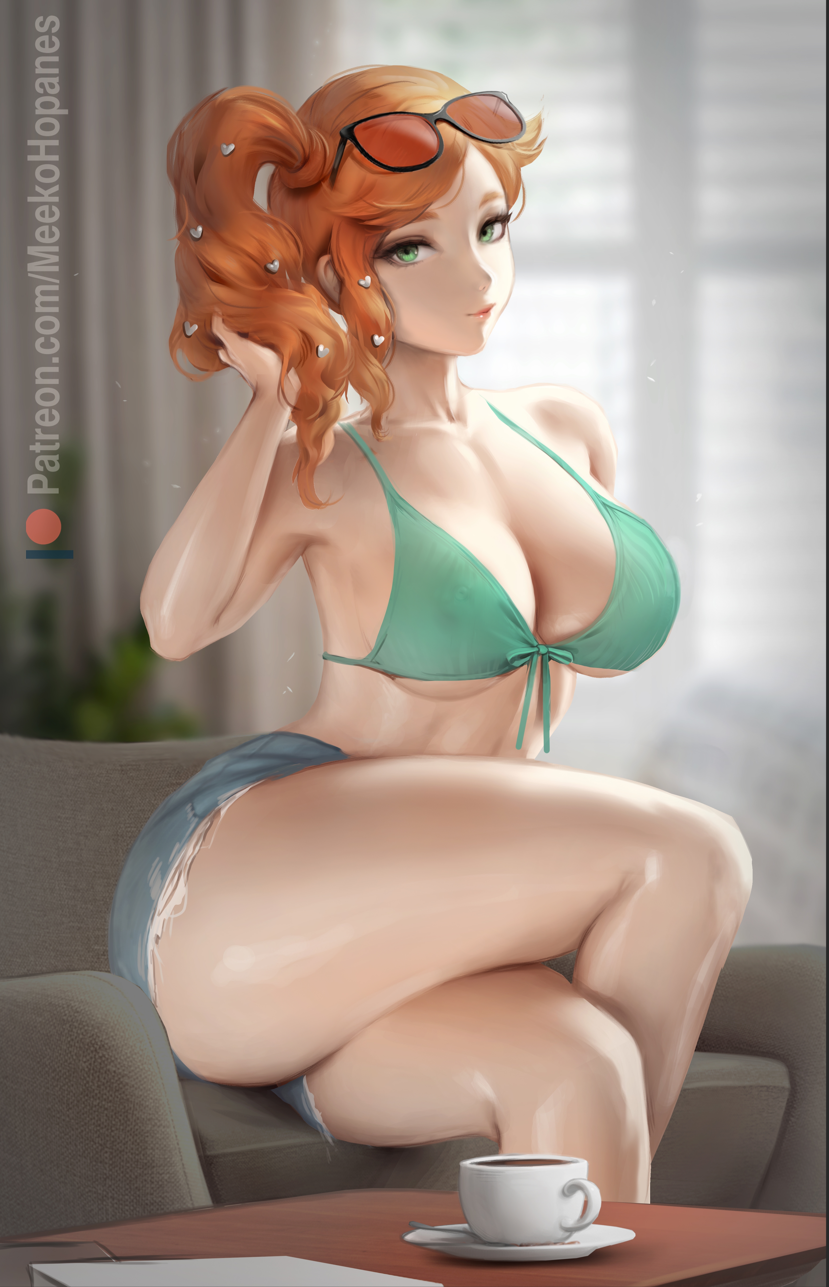 1girls, 2022, absurd res, ass, big ass, big breasts, big butt, bikini top, booty shorts, breasts, clothed, curvaceous, curvy, curvy body, curvy female, curvy figure, fat ass, female, female only, glasses, glasses on head, hair ornament, hairclip, heart hair ornament, hips, hourglass figure, huge breasts, indoors, jean shorts, long hair, looking at viewer, massive ass, massive butt, meekohopanes, naughty face, nintendo, orange hair, pokemon, pokemon ss, round ass, round breasts, round butt, short shorts, shorts, side ponytail, slim waist, sonia (pokemon), suggestive look, teal eyes, thick thighs, thighs, wide hips