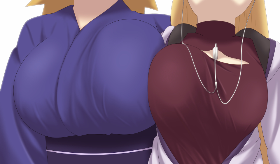 2girls adult age_difference asymmetrical_docking blonde_hair boruto:_naruto_next_generations breast_docking breast_focus breast_press breast_size_difference breasts cleavage_cutout close-up clothing_cutout eeshin_(eishin5584) faceless_female head_out_of_frame huge_breasts japanese_clothes large_breasts long_hair multiple_girls naruto naruto_(series) older_female take_your_pick teenager temari upper_body white_background yodo younger_female