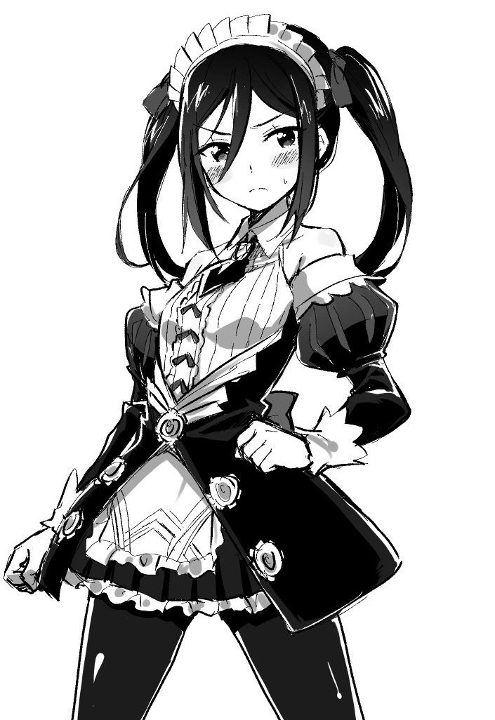 black_and_white blush bow_in_hair breasts cosplay flower gloves latex madanai_(morisumeshi) maid maid_headdress maid_uniform morag_ladair_(xenoblade) nintendo poppi_(xenoblade) poppi_qt_(xenoblade) small_breasts twintails xenoblade_(series) xenoblade_chronicles_2