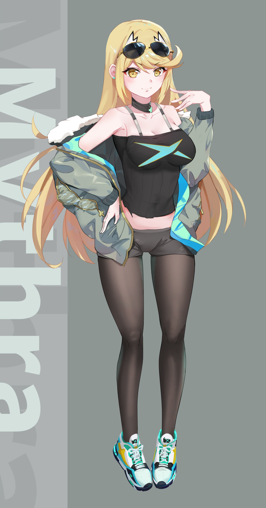 black_topwear blonde_hair bra_strap casual casual_clothes choker jacket jacket_partially_removed kiiro_kimi leggings long_hair mythra nintendo pantyhose pantyhose_under_shorts short_shorts shorts sunglasses sunglasses_on_head tennis_shoes topwear xenoblade_(series) xenoblade_chronicles_2 yellow_eyes