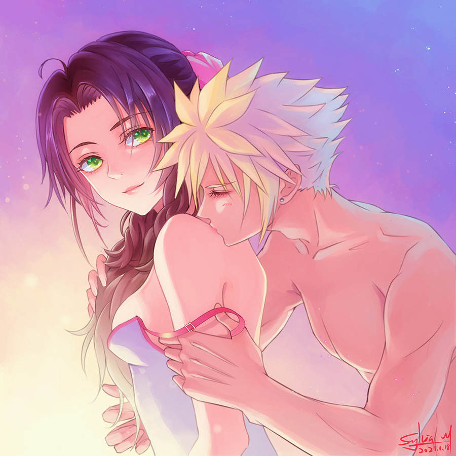 1boy1girl 1girls aerith_gainsborough blonde_hair cloud_strife female final_fantasy final_fantasy_vii final_fantasy_vii_remake green_eyes intimate kissing kissing_shoulder light_skin long_hair male/female parted_bangs romantic sensual sideboob spiky_hair straight topless undressing undressing_partner wholesome