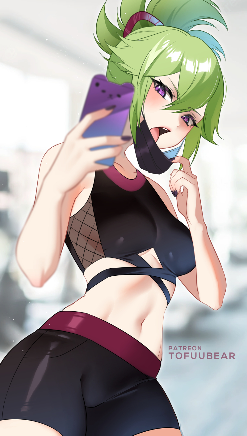 1girls, 2022, artist signature, breasts, female, female only, genshin impact, green hair, gym clothes, hips, kuki shinobu, light blush, light skin, light-skinned female, mask, medium breasts, open mouth, painted nails, ponytail, purple eyes, selfie, slim waist, sportswear, tofuubear, tongue, tongue out, watermark