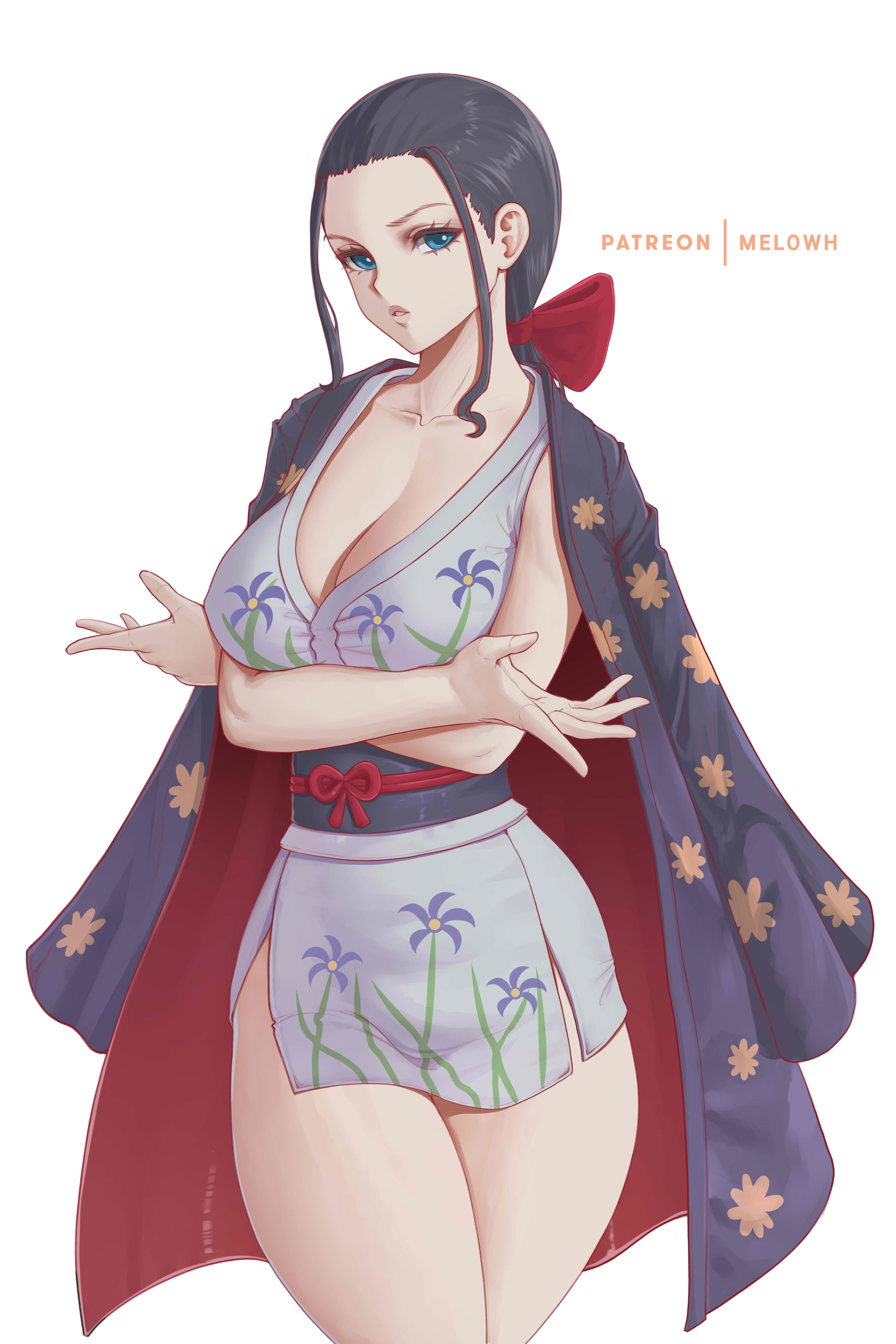 1girls, 2022, absurd res, black hair, black-haired female, blue eyes, bow, bow in hair, breasts, cleavage, female, female only, hips, huge breasts, kimono, long hair, melowh, nico robin, one piece, orobi, shounen jump, slim waist, thick thighs, thighs, wide hips