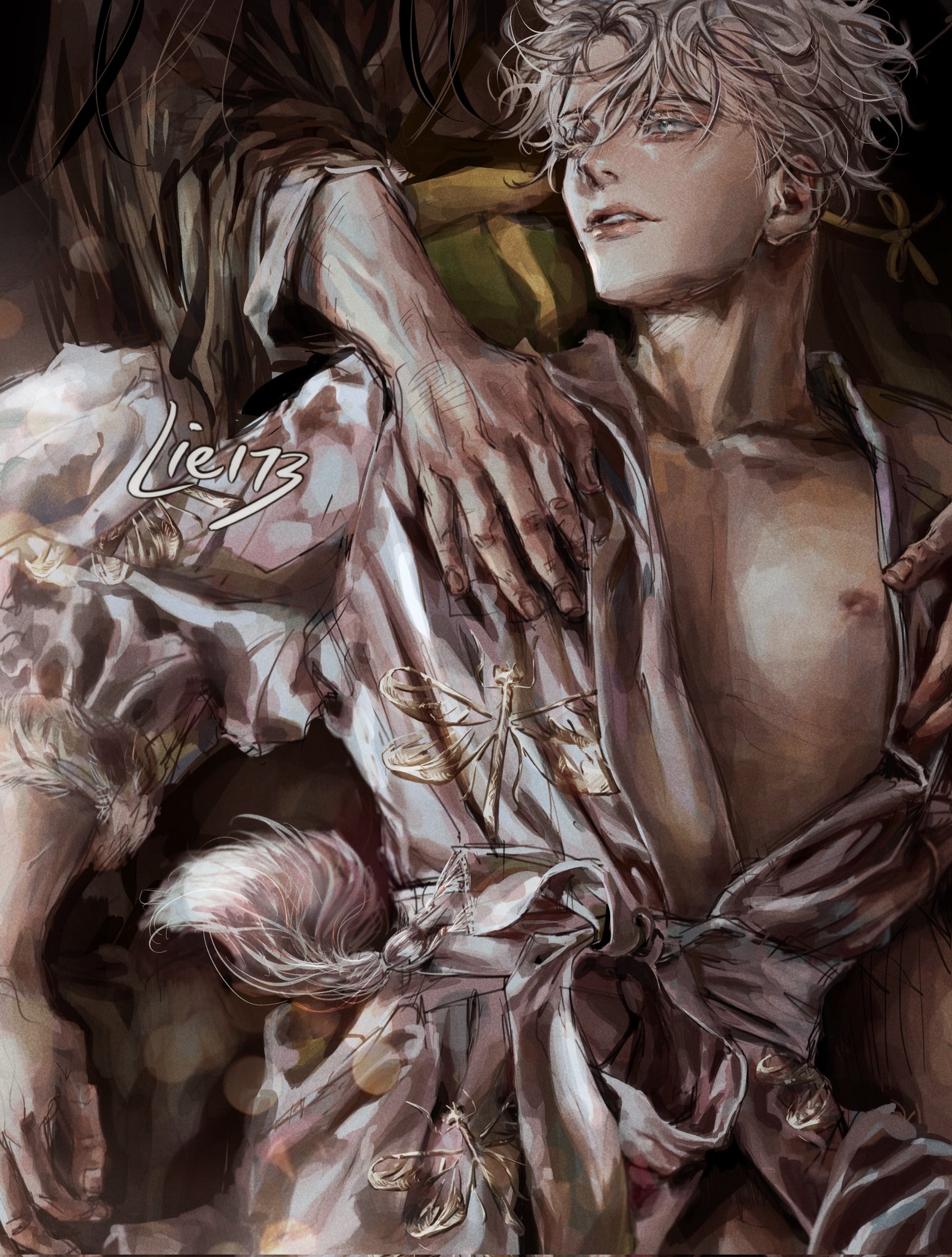 2boys, bishonen, gay, jujutsu kaisen, light skin, light-skinned male, looking at partner, male, male only, one eye closed, pale skin, pale-skinned male, pretty boy, satoru gojo, sfw, suguru geto, white hair, wholesome, yaoi