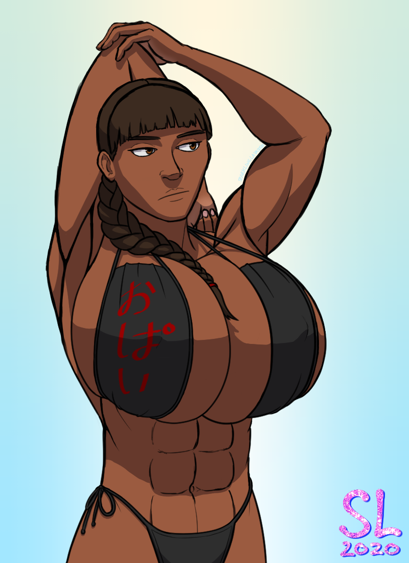 2020 abs brown_eyes brown_hair large_breasts mocha_(sparklinglava) muscular_female side_braid sparklinglava swimsuit swimwear