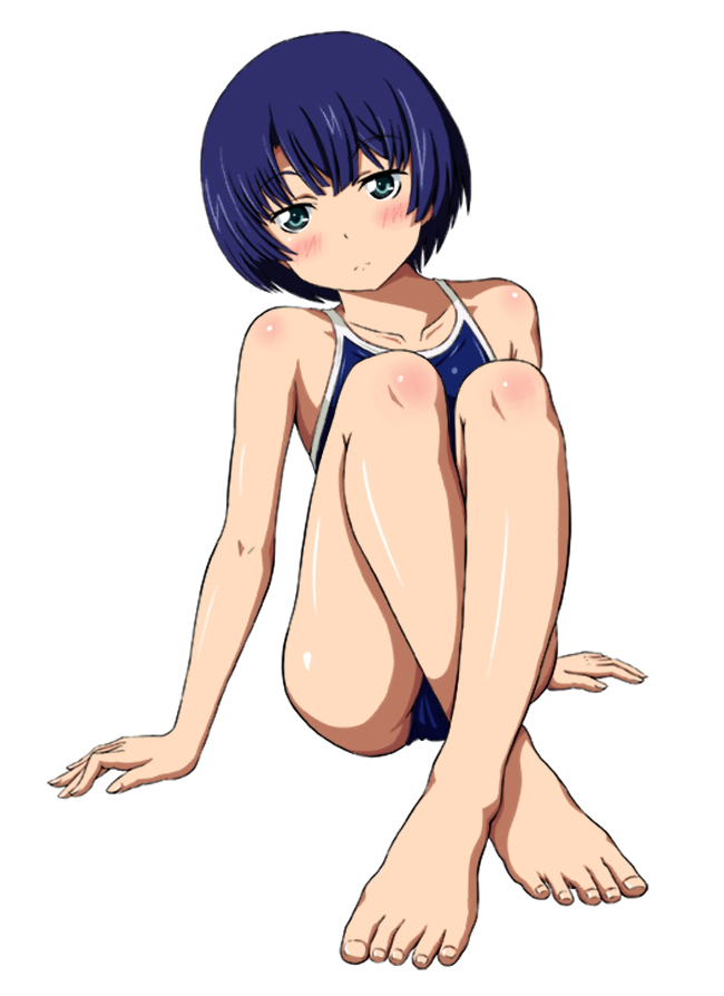 1girls ano_natsu_de_matteru blue_hair commentary_request competition_school_swimsuit crossed_legs feet female female_only green_eyes human long_legs one-piece_swimsuit photoshop_(medium) school_swimsuit short_hair sitting solo swimsuit tanigawa_kanna zasan