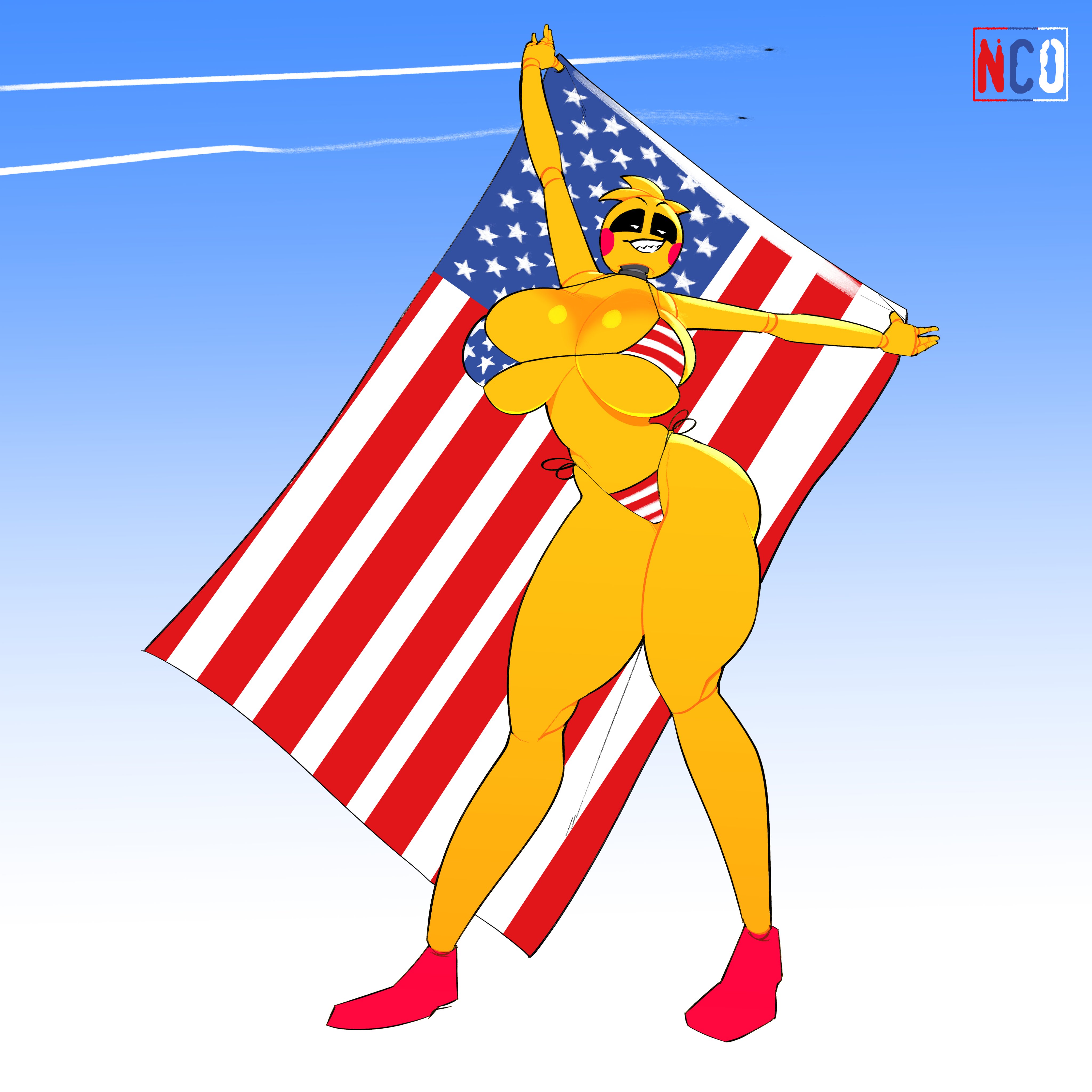 1girls, american flag, american flag bikini, animatronic, ass, behemaid, big breasts, bikini, blush, blush stickers, breasts, clothing, female, female only, five nights at freddy's, flag bikini, fourth of july, furry, huge breasts, large breasts, patriotism, posing, sharp teeth, skimpy, skindentation, smile, solo, solo female, tagme, thong, toy chica (fnaf), yeehawt0wn, yellow body, yellow skin