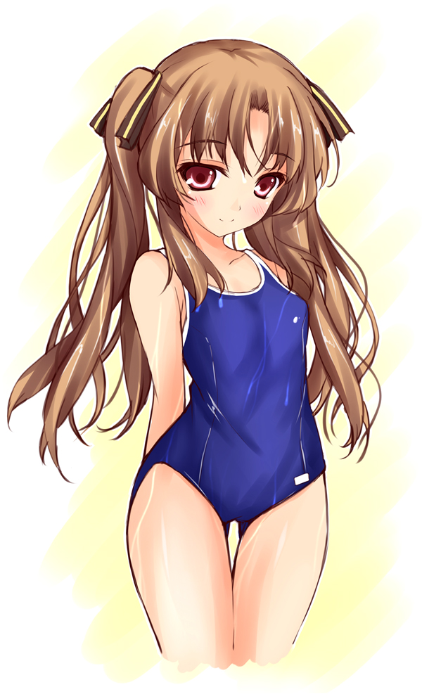 ano_natsu_de_matteru arms_behind_back blue_swimsuit blush brown_hair competition_school_swimsuit female hair_ribbon hayakawa_harui long_hair one-piece_swimsuit photoshop_(medium) pink_eyes ribbon school_swimsuit solo swimsuit thigh_gap twintails yamano_remon