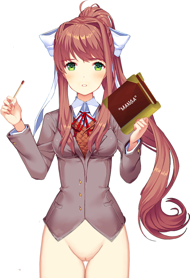 accurate_art_style angry angry_look bow brown_hair doki_doki_literature_club female green_eyes holding_object looking_at_viewer match monika_(doki_doki_literature_club) no_panties no_skirt ponytail sprite sprite_edit transparent_background uniform white_bow