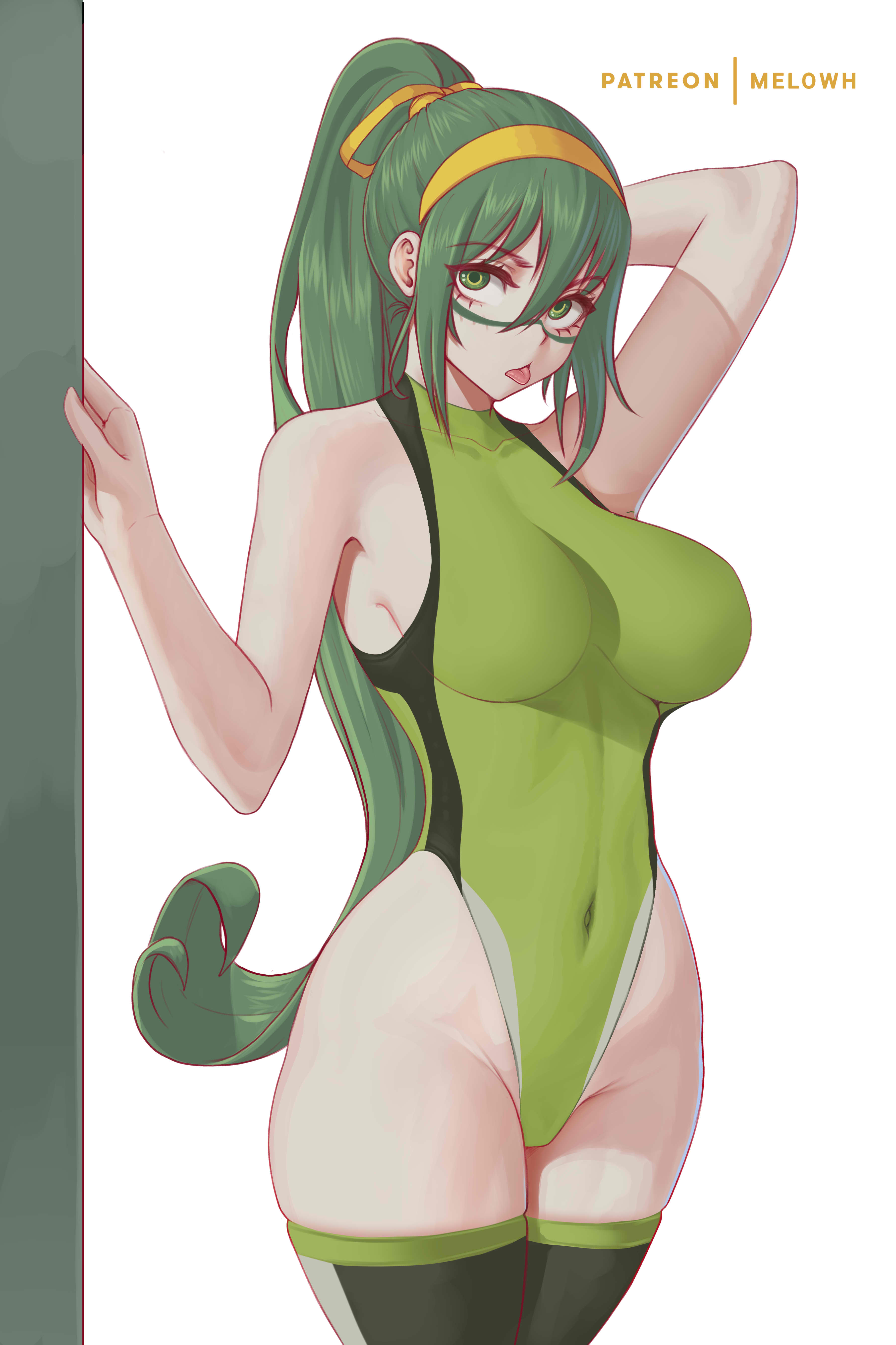 1girls, 2022, absurd res, alternate version available, breasts, female, female only, green eyes, green hair, highleg leotard, hips, large breasts, leotard, long hair, long ponytail, melowh, my hero academia, ponytail, slim waist, thick thighs, thighs, tsuyu asui, wide hips