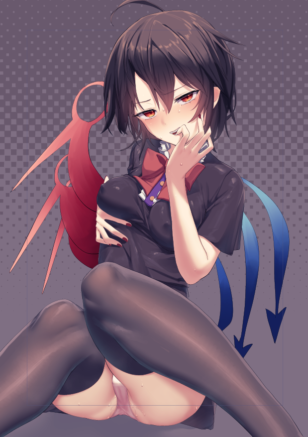 ahoge asymmetrical_wings black_dress black_hair bow bowtie breasts covered_nipples dress female kisamu_(ksmz) nail_polish nue_houjuu panties polka_dot polka_dot_panties red_bow red_bowtie red_eyes short_dress solo thighhighs touhou underwear wings