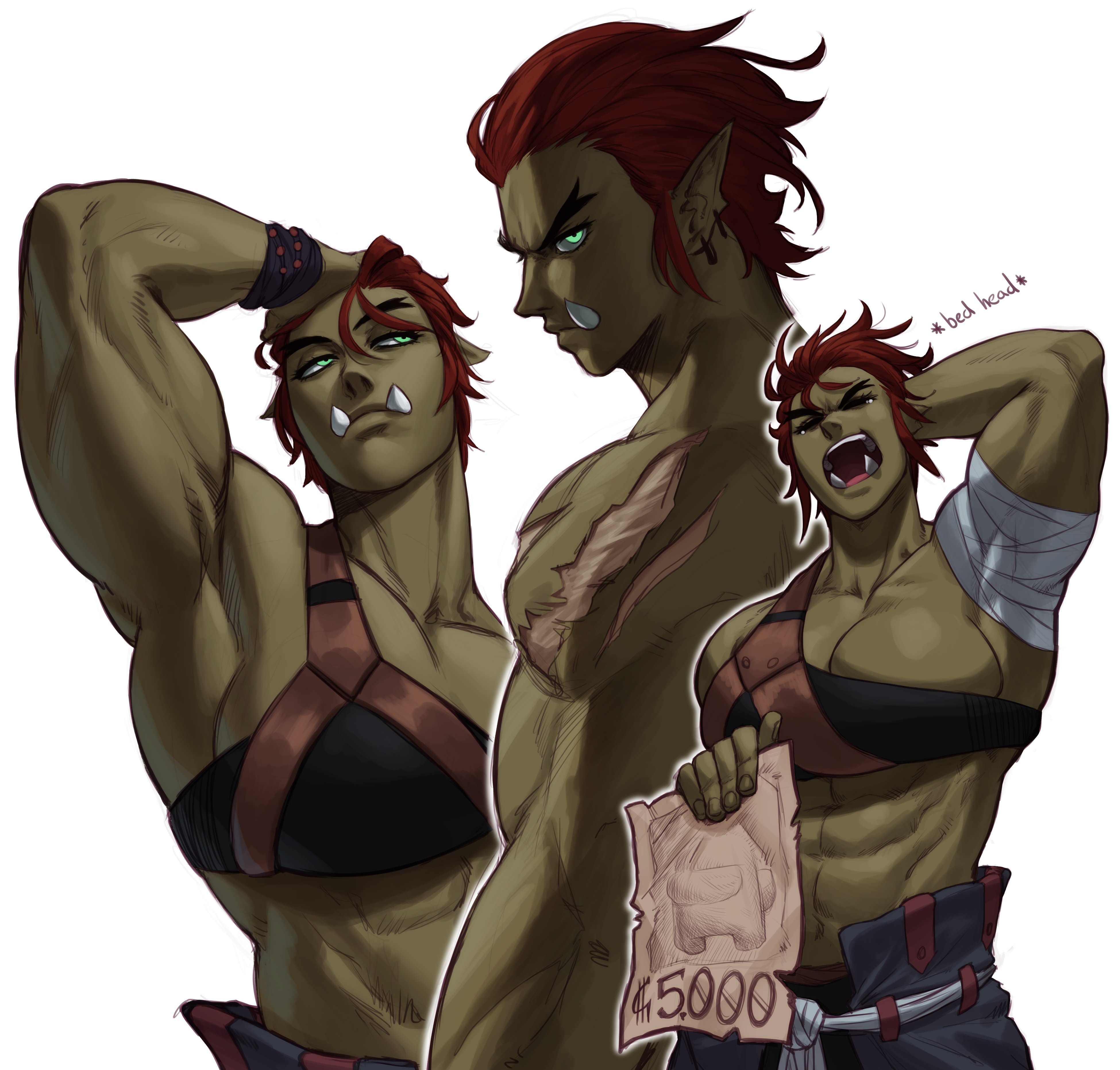 1girls, absurd res, big breasts, breasts, fangs, female, female only, green eyes, green skin, green-skinned female, muscles, muscular, muscular female, narrowed eyes, orc, orc female, original, original character, red hair, scar, solo, sotcho, white background