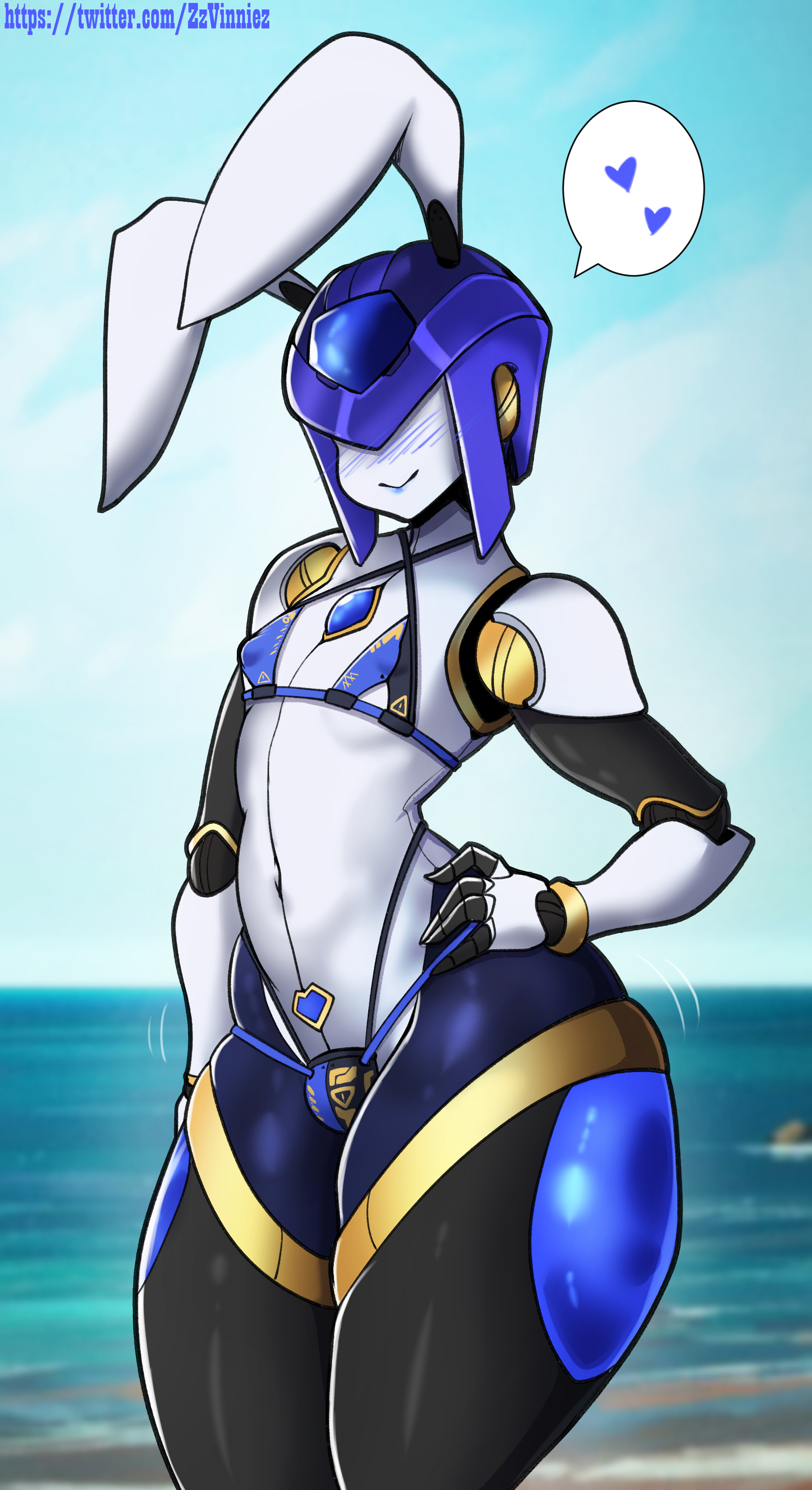 1boy, beach, bikini, bikini bottom, bikini top, blush, blush lines, bulge, bunny ears, femboy, hand on hip, lapi (zzvinniezz), male, male only, micro bikini, nipple bulge, no eyes, original, original character, robot, robot humanoid, smile, solo, solo male, swimsuit, swimwear, thick thighs, trap, wide hips, zzvinniezz