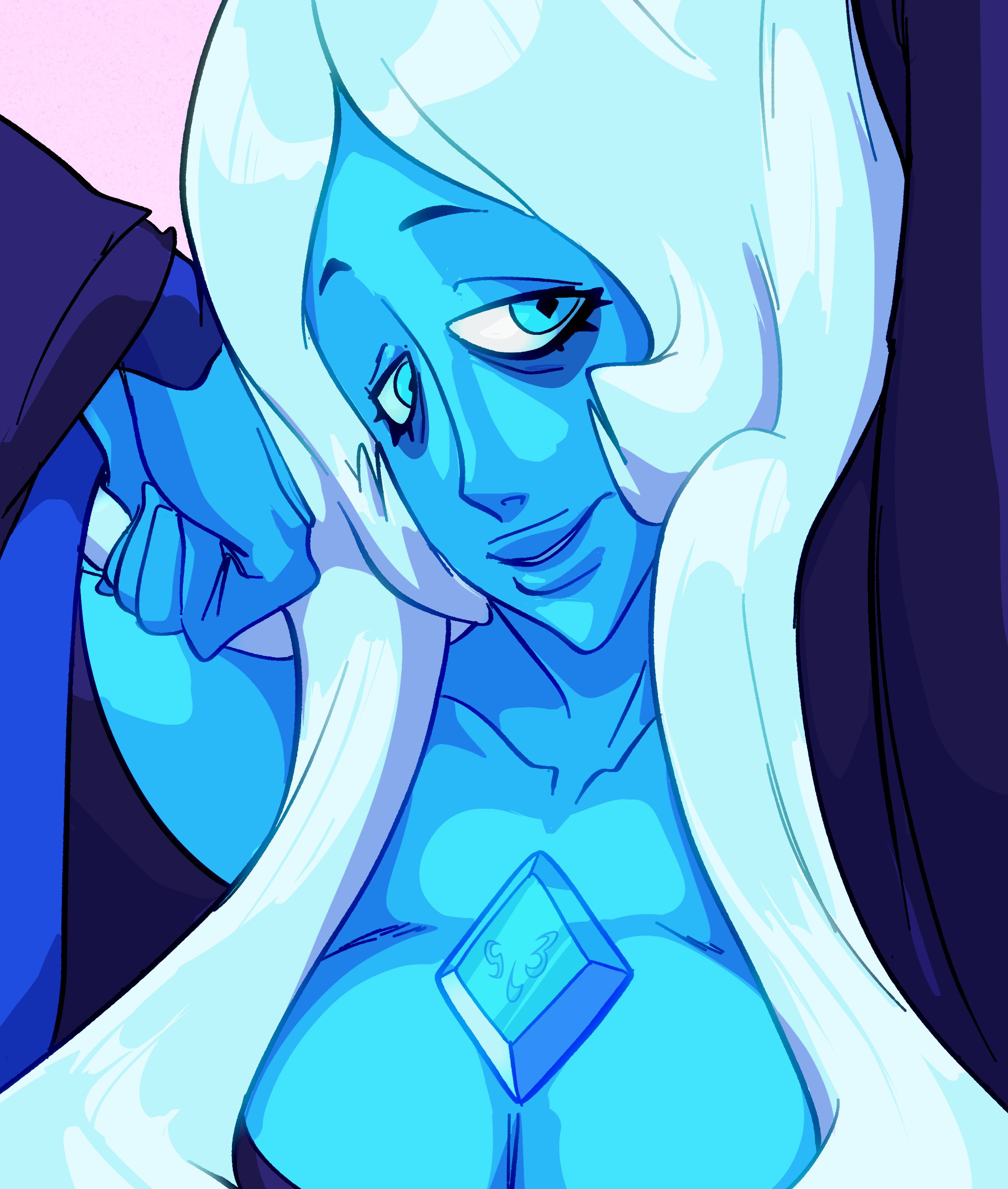 1girls, alien, alien girl, big breasts, blue body, blue diamond (steven universe), blue eyes, blue hair, blue skin, breasts, cartoon network, female, gem (species), hair, huge breasts, humanoid, large breasts, long hair, looking at viewer, narrowed eyes, slb, solo, steven universe