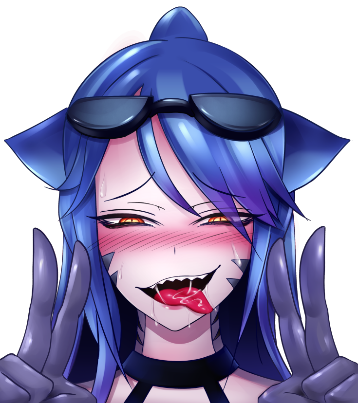 ahe_gao blue_hair blush drooling mako_(monster_girl_island) monster_girl monster_girl_island muscular_female noseless open_mouth orange_eyes peace_sign shark_girl tagme tongue tongue_out