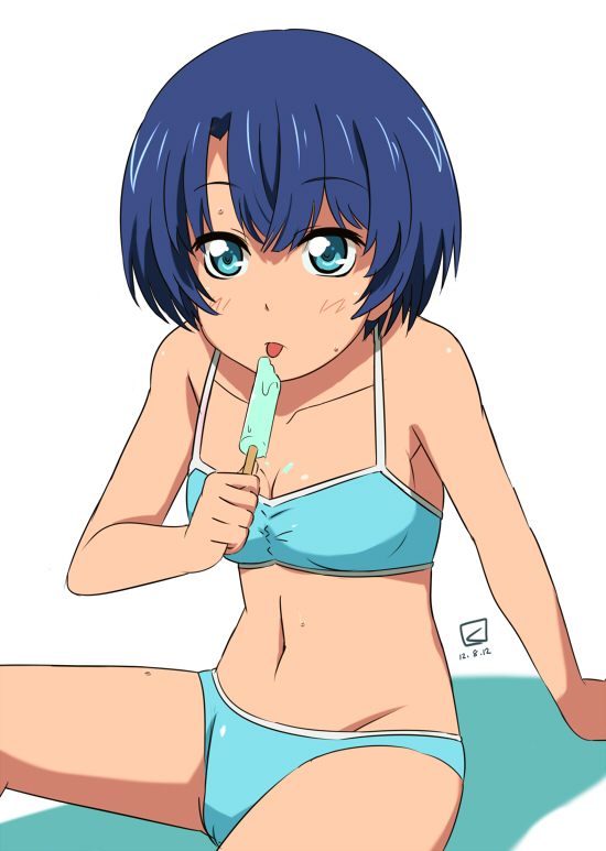 ano_natsu_de_matteru artist_logo bikini blue_eyes blue_hair commentary_request dated female food kuerun licking miyahara_takuya popsicle short_hair swimsuit tanigawa_kanna