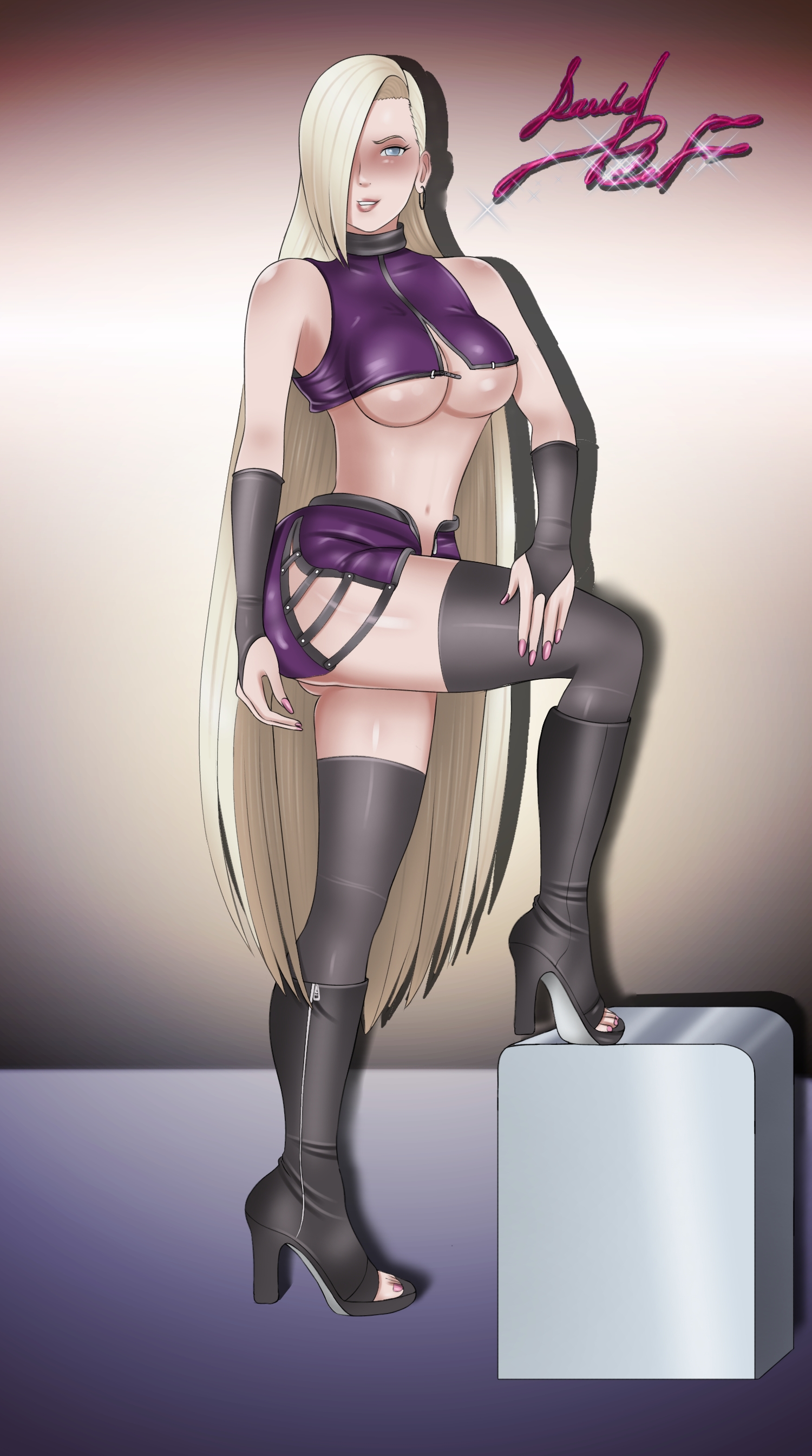 1girls, adapted costume, armwear, bare legs, bare midriff, bare shoulders, big breasts, blue eyes, blush, boots, breasts, bridal gauntlets, cleavage, crop top, danieledevane, extremely long hair, female, female only, footwear, french nails, full body, gloves, hair over one eye, heel boots, high heel boots, high heels, impossible clothes, ino yamanaka, latex, leg lift, leg up, legwear, lipstick, long fingernails, long nails, makeup, midriff, miniskirt, mostly nude, nail polish, naruto, naruto (series), naruto shippuden, naruto: the last, no bra, open toe shoes, painted fingernails, painted nails, pinup, raised leg, revealing clothes, skimpy, skimpy clothes, skirt, solo, solo female, solo focus, source request, stockings, thighhighs, tight clothing, toenail polish, underboob, unzipped, very long hair