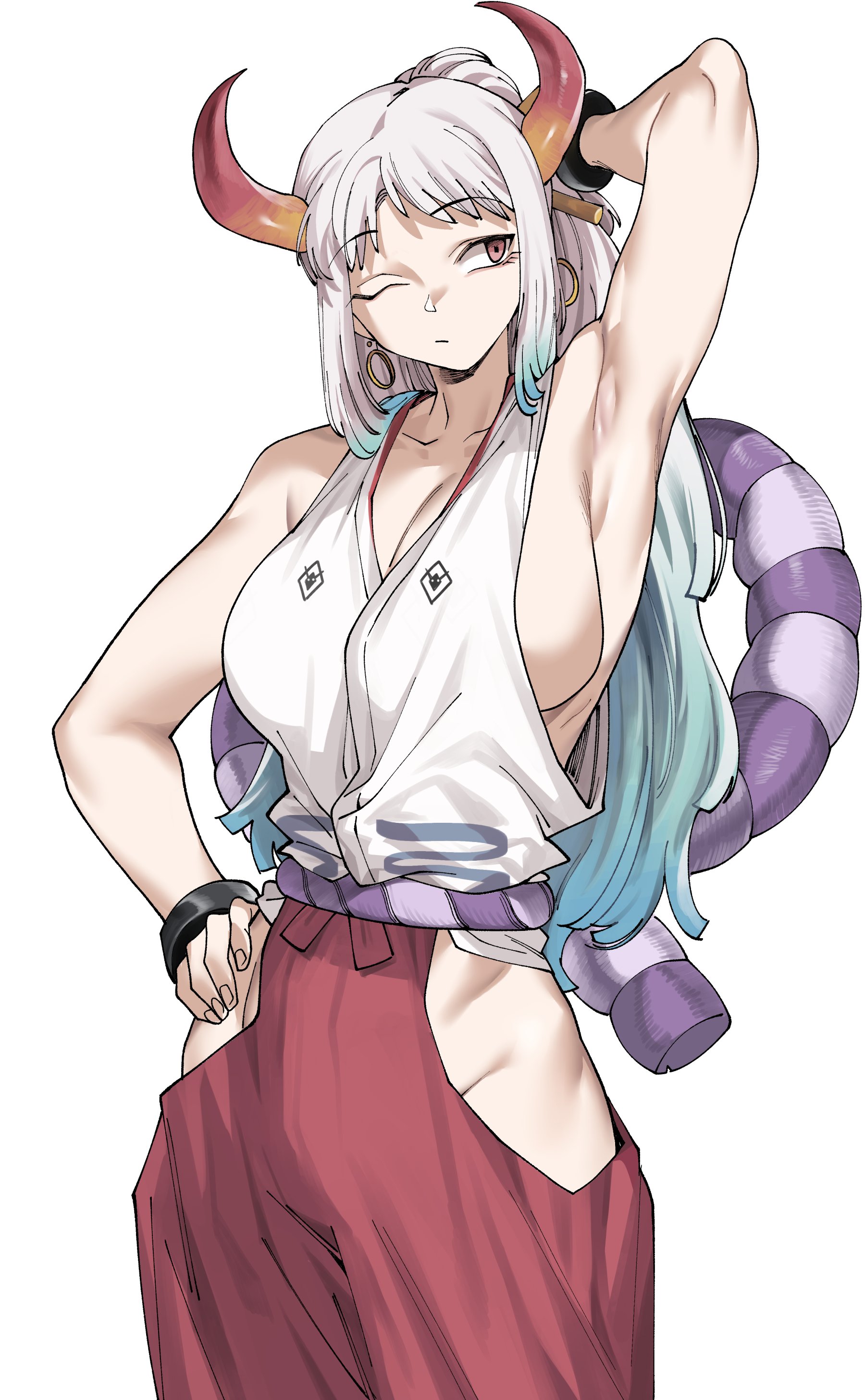 1girls, big breasts, blue hair, breasts, brown eyes, clothed, clothing, curvy, demon, ear piercing, earrings, female, female focus, female only, gradient hair, hakama, hand on hip, hi res, highres, hoop earrings, horned humanoid, horns, humanoid, japanese clothes, light skin, light-skinned female, long hair, multicolored hair, one arm up, one eye closed, one piece, oni, oni horns, revealing clothes, sideboob, simple background, solo, solo female, two-tone hair, urec, white hair, white-haired female, wide hips, yamato (one piece)