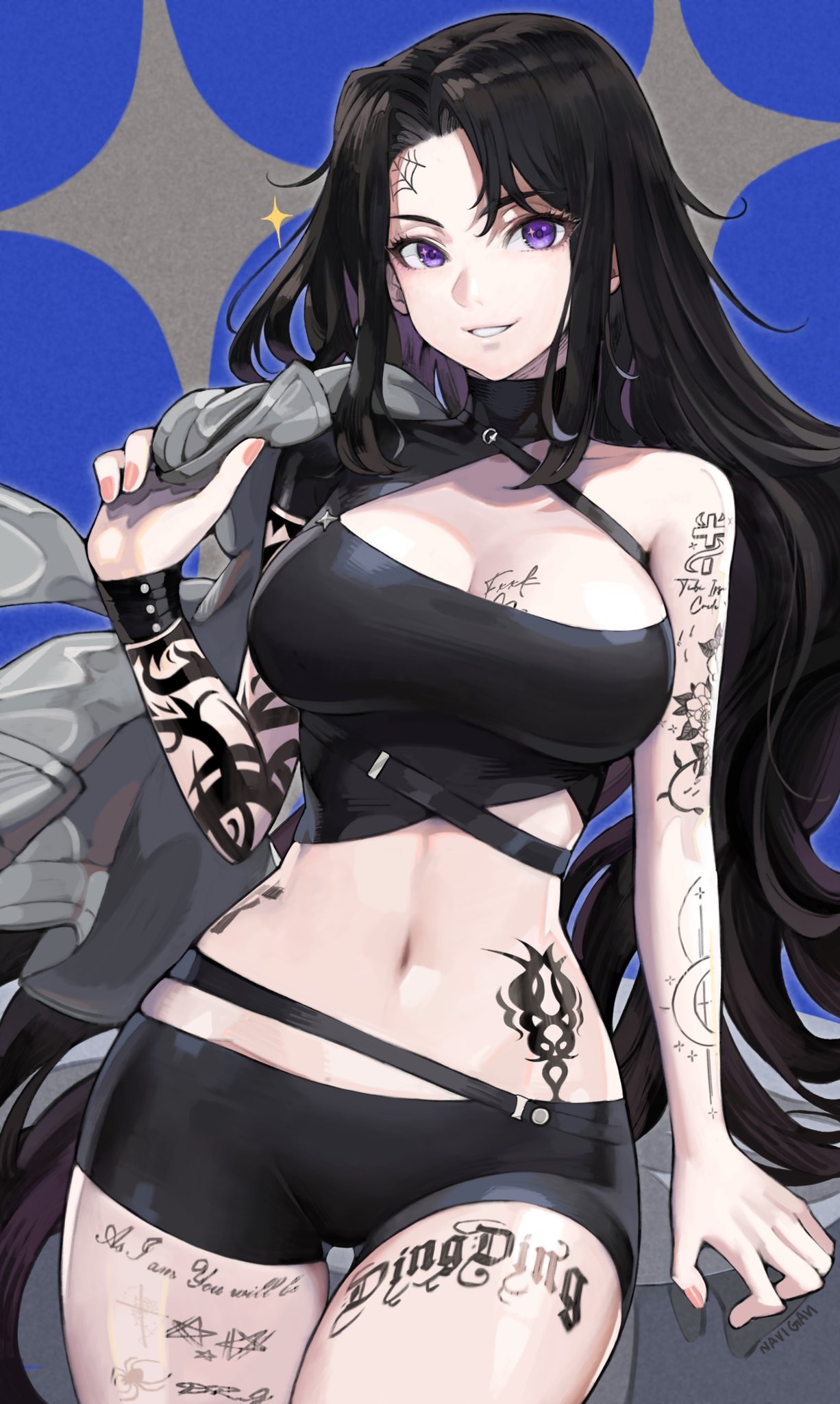 1girls, big breasts, bike shorts, black clothing, black hair, breasts, cleavage, clothed, eyelashes, female, hips, light skin, light-skinned female, long hair, looking at viewer, midriff, navel, navigavi, off shoulder, purple eyes, shorts, smile, solo, sparkle, spats, tagme, tattoo, thighs, very long hair