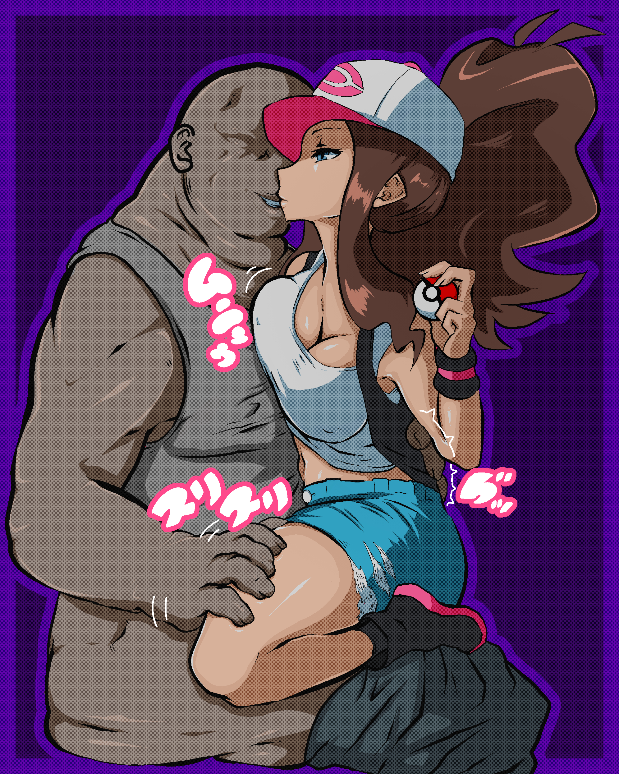clothed, cowgirl position, fat male, female, hilda (pokemon), hman, human, human only, kissing, male, nintendo, older male, pokemon, shorts, ugly bastard