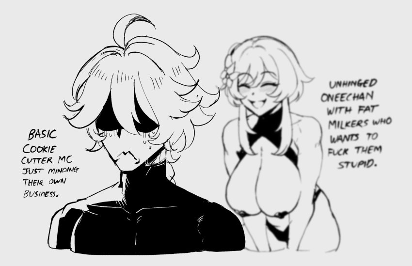 aether (genshin impact), big sister, blush, breasts, brother, female, genshin impact, hoyoverse, huge breasts, imminent incest, incest, little brother, lumine (genshin impact), male, mihoyo, monochrome, older sister, smiling, sweat, thiccwithaq, younger brother
