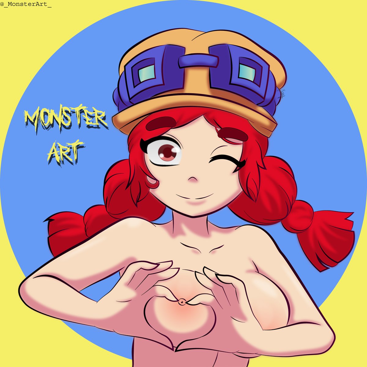2021, areolae, brawl stars, breasts, busty, female, female focus, heart hands, heart-shaped boob challenge, jessie (brawl stars), monsterart, nipples, nude, nude female, nudity, tagme