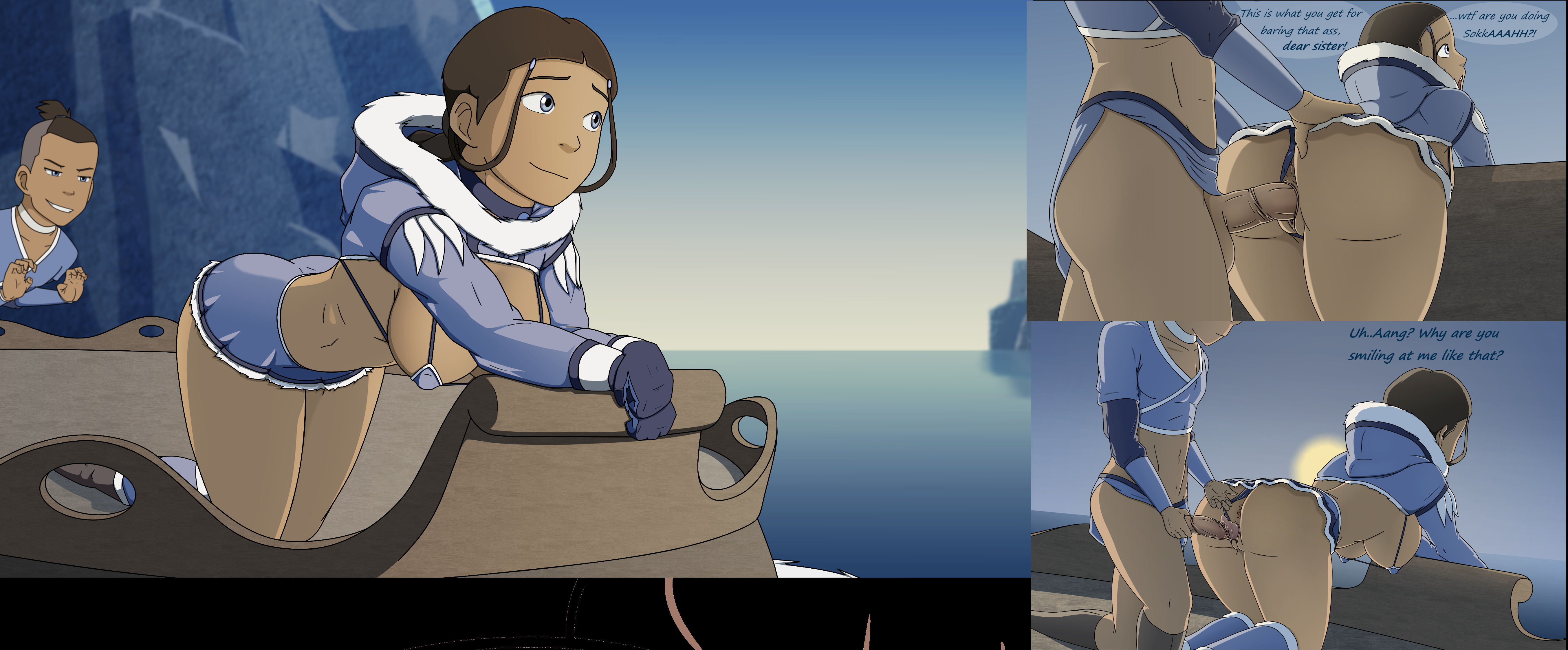 areolae, avatar the last airbender, blue eyes, bra, breasts, brother and sister, choker, clothed sex, clothing, comic, dubious consent, duo, female, female focus, female penetrated, gloves, hair loopies, imminent penetration, imminent sex, imminent vaginal, incest, katara, large breasts, looking to the side, outdoors, panties, panties aside, pussy, skimpy, skimpy outfit, skirt, smile, smiling, smooth skin, sock vivian, sokka, surprise, surprised, tagme, unseen character, vaginal penetration, water, water tribe