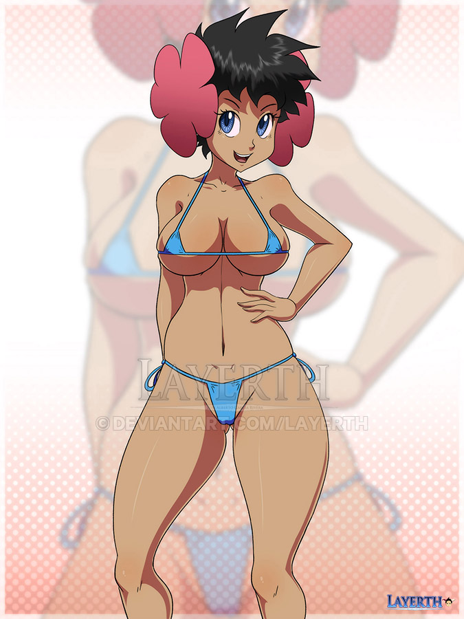 1girls, bikini, blue eyes, breasts, cleavage, dark skin, dark-skinned female, female, female only, flowers in hair, game freak, hand on hip, huge breasts, human, human only, large breasts, layerth, nintendo, phoebe (pokemon), pokemon, pokemon rse, solo, solo female, thick thighs, voluptuous