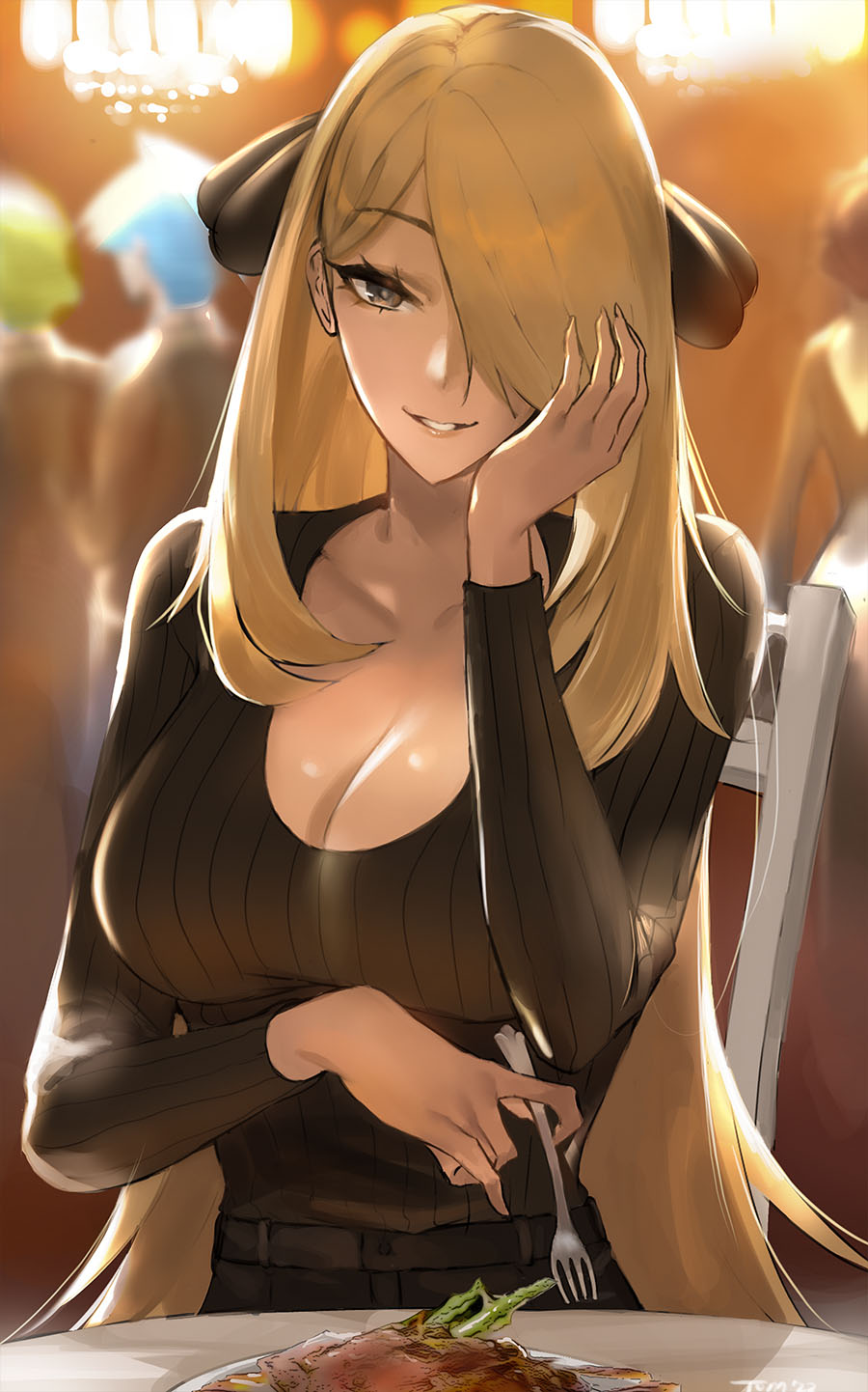 1girls big_breasts blonde_hair breasts curvy cynthia_(pokemon) date dinner dinner_date food fork large_breasts milf older_female pokemon seductive seductive_look seductive_smile smile tommietomm