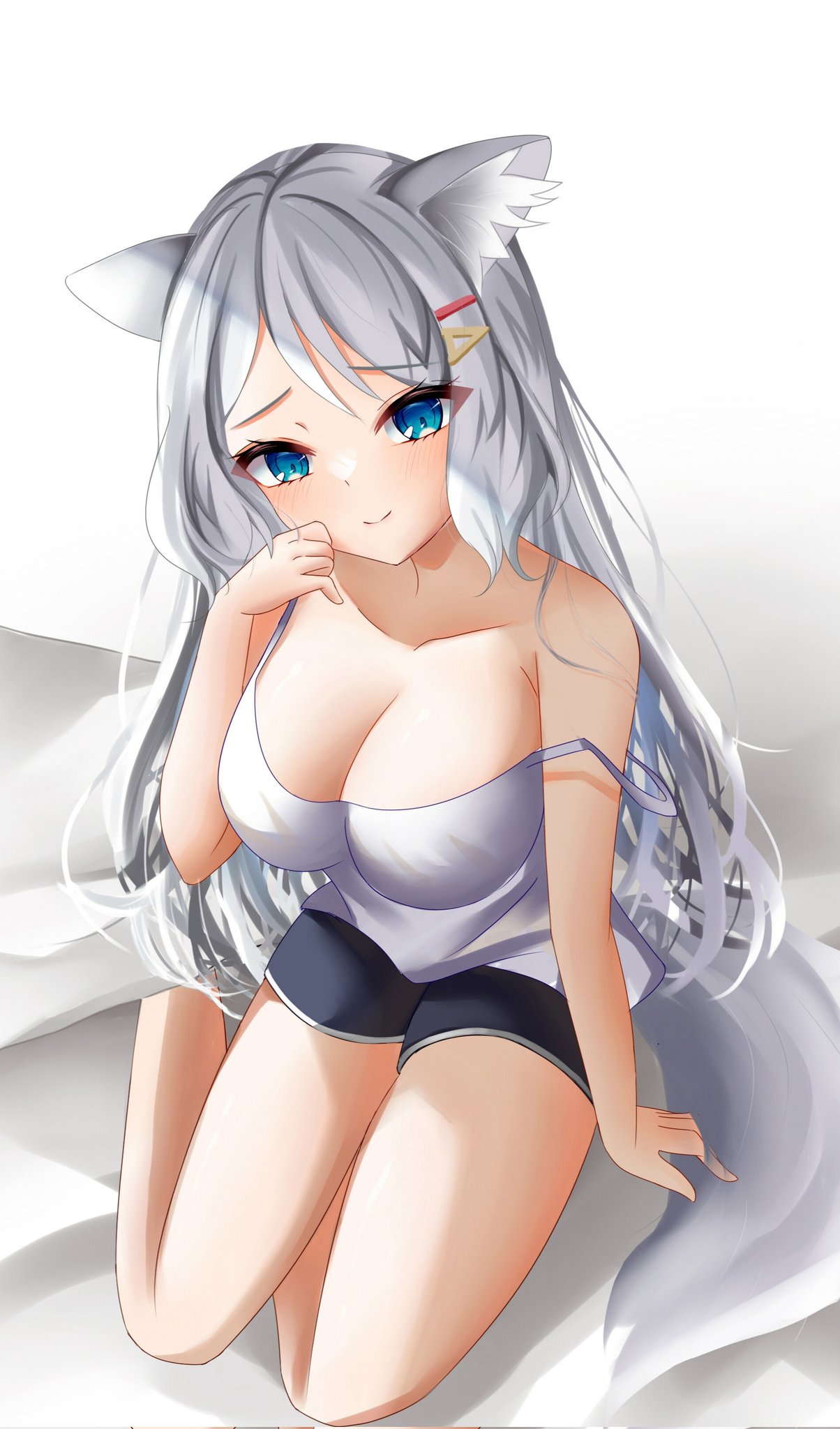 bare_legs bare_shoulders barefoot big_breasts blue_eyes booty_shorts breasts cleavage cocoa_2080 collarbone eyebrows_visible_through_hair fox_ears hand_on_face hi_res highres long_hair meridian_project mizuki_(vtuber) on_bed simple_background smile smiling smiling_at_viewer strap_slip tank_top thick_thighs virtual_youtuber white_hair