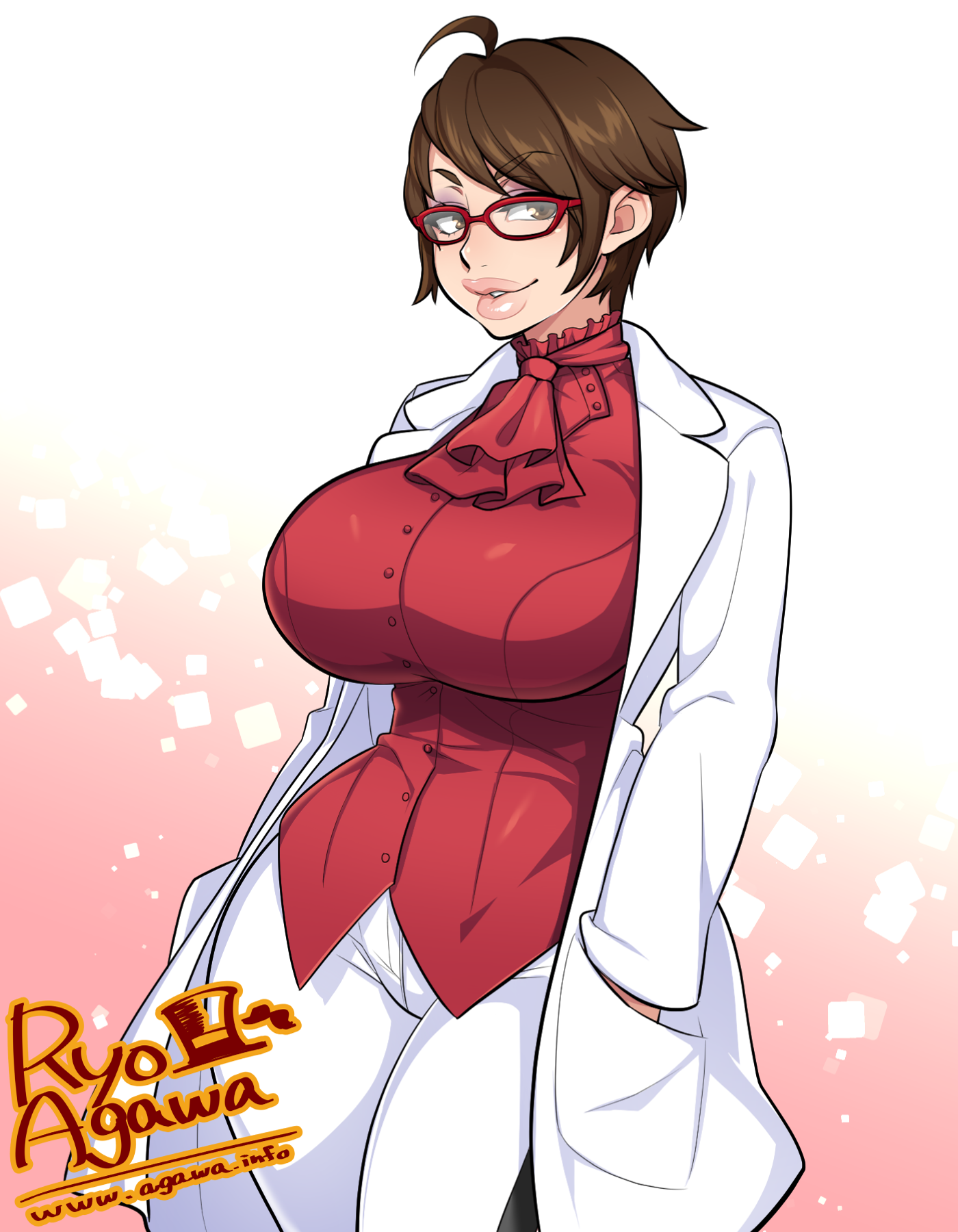 2018, background, breasts, brown eyes, brown hair, clothing, cowlick, female, glasses, hands in pockets, huge breasts, labcoat, ryo agawa, shirt, short hair, thick lips, thick thighs, watermark
