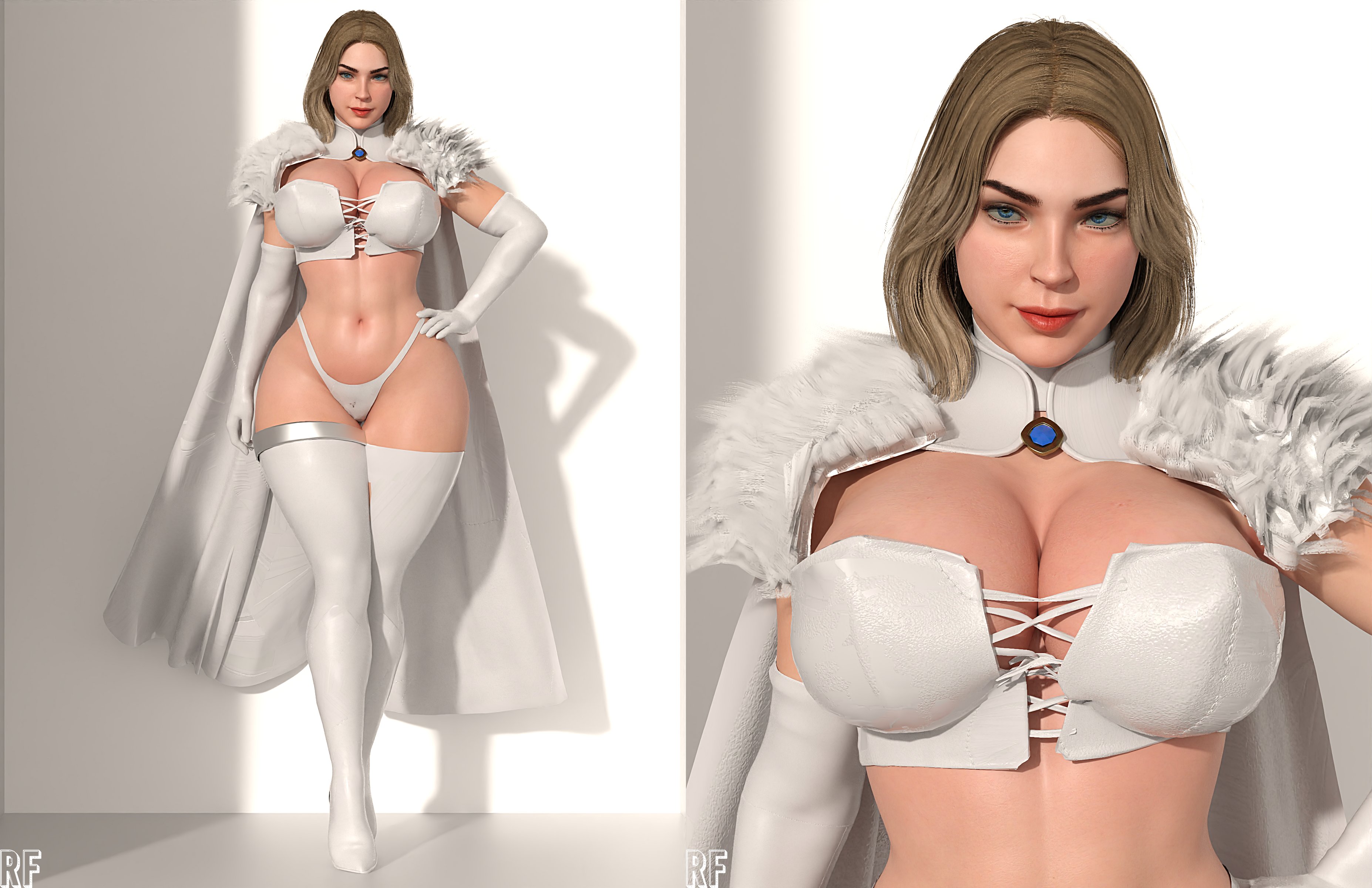 1girls, 3d, absurd res, artist logo, breasts, cleavage, emma frost, female, female only, hi res, large breasts, looking at viewer, marvel, marvel comics, panties, rude frog, solo, thighhighs, thighs, wide hips, x-men