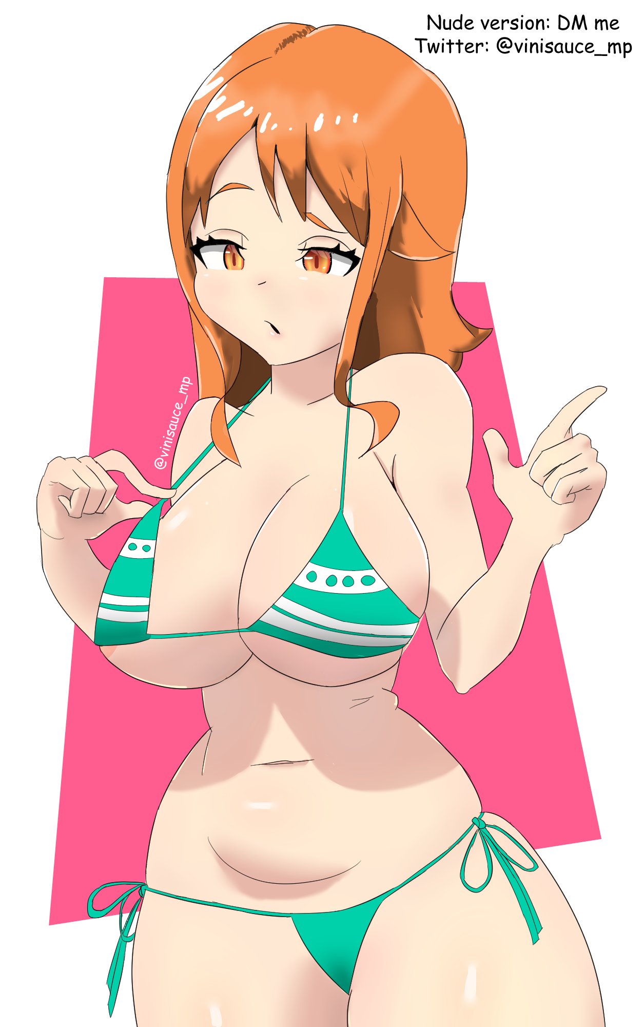 1girls alternate_breast_size bikini bikini_bottom breasts breasts_out female female_only long_hair nami nipples no_pants nude one_piece oppai orange_hair shounen_jump striped_bikini vinisauce_mp