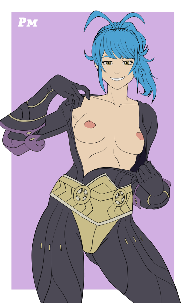 1girls ass_visible_through_thighs bare_shoulders blue_hair breasts breasts_out collarbone color female female_only fire_emblem fire_emblem_heroes grin looking_at_viewer medium_breasts medium_hair nintendo nipples pm_draws ponytail reginn_(fire_emblem) shoulders smile solo source_request undressing yellow_eyes