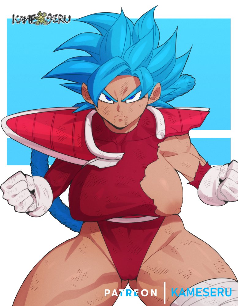 1girls, big breasts, blue eyes, blue hair, breasts, detnox, dragon ball, dragon ball super, exposed breasts, female, female saiyan, gloves, kameseru, oc, original character, saiyan, saiyan armor, saiyan tail, super saiyan blue, white gloves