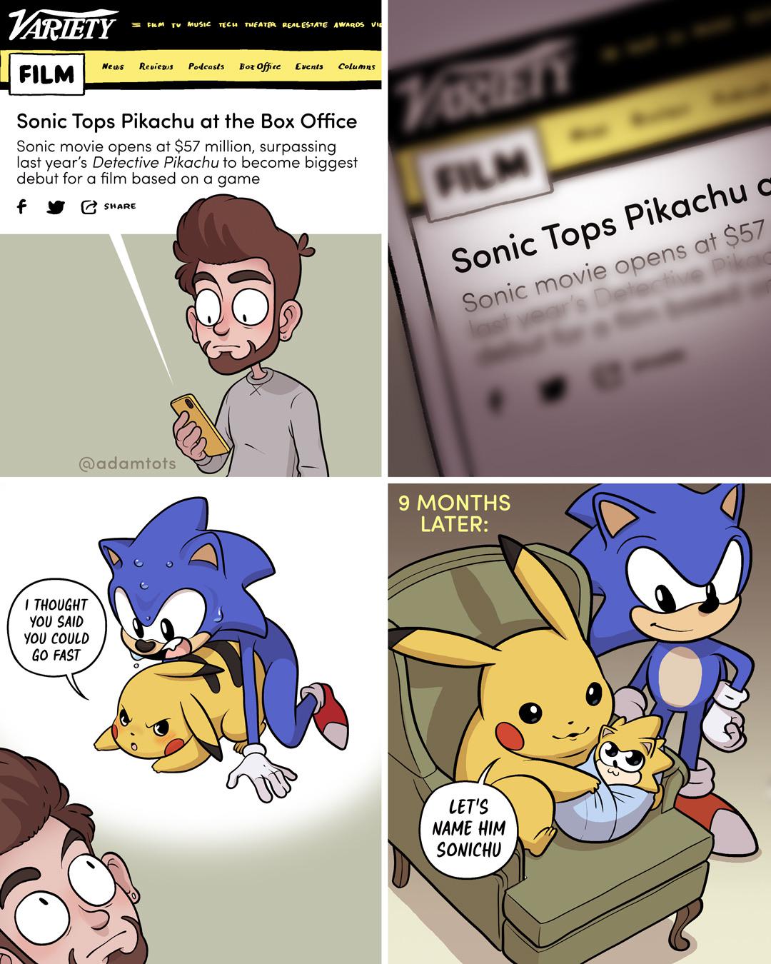 4koma adam_ellis adamtots article baby blue_arms comic crossover crossover_pairing cwc dialogue dirty_talk doggy_style english_text game_freak humor interspecies meme news pikachu pokémon_(species) pokemon pokemon_rgby sega sonic_(series) sonic_the_hedgehog sonichu sonichu_(character) square_4koma sweating text what yellow_fur