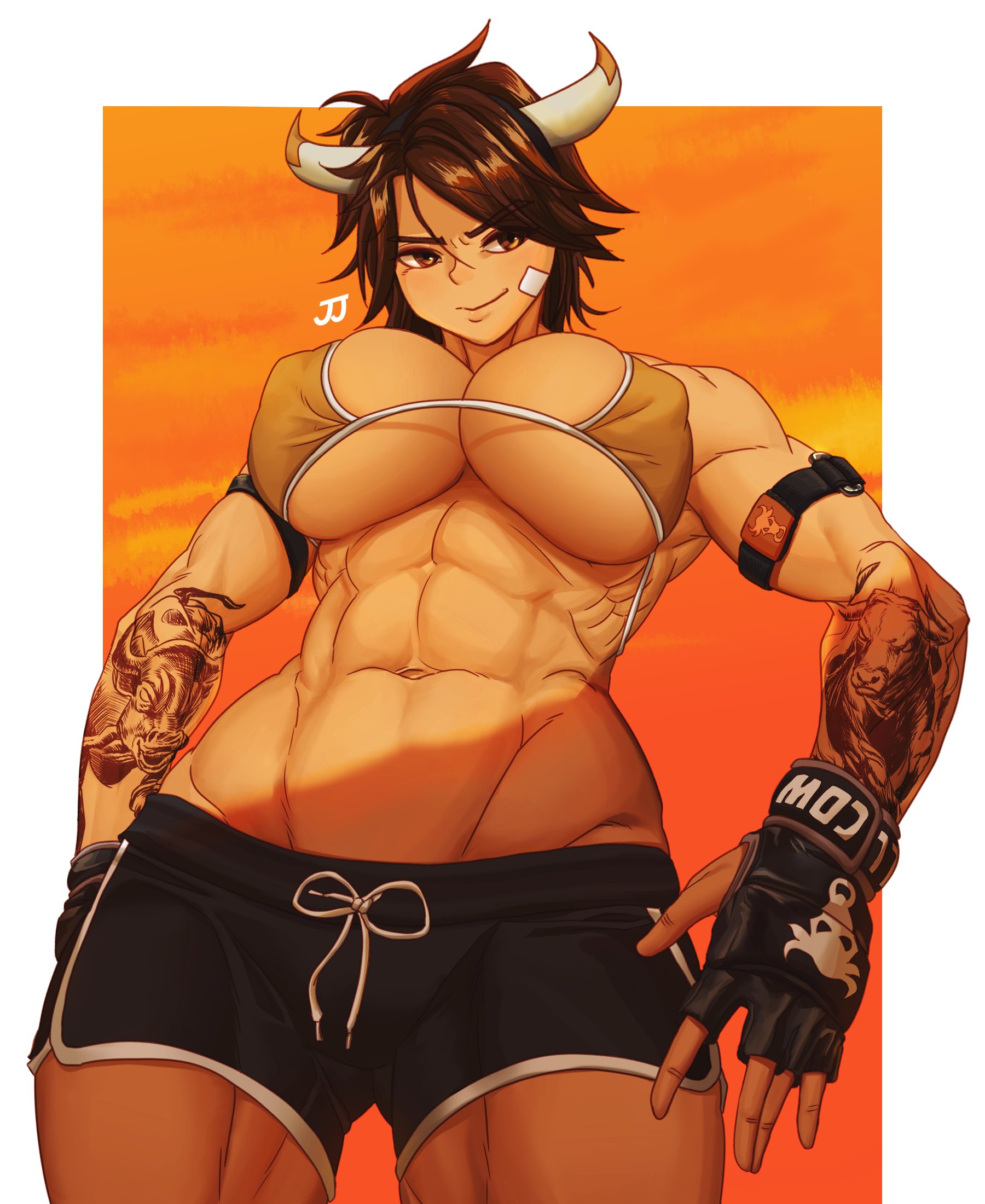 abs, big breasts, bra, breasts, cow girl, female, gloves, horns, muscles, muscular, muscular female, shorts, sparkeyjinjin, tattoo