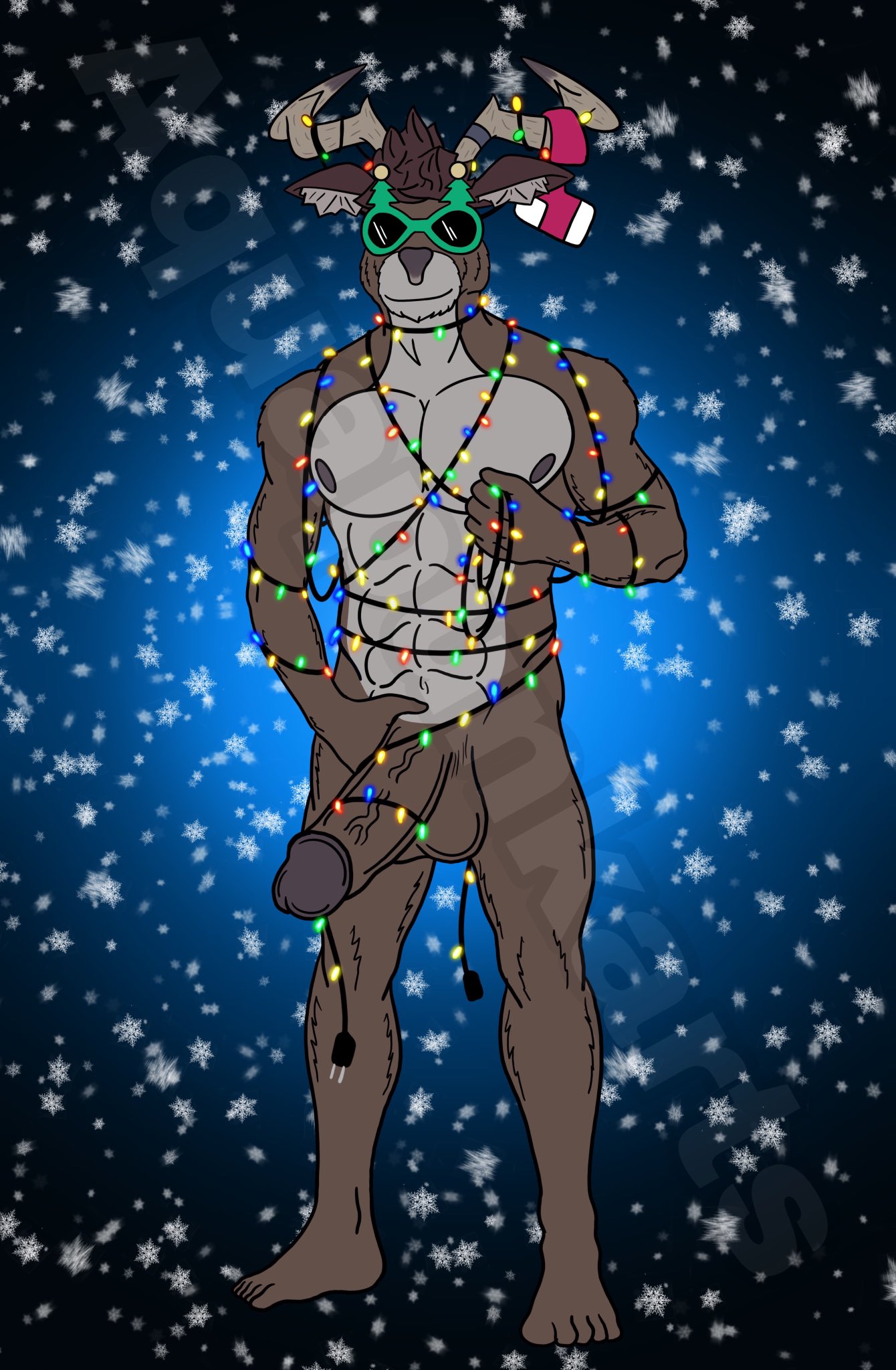 anthro antlers aquapunkarts balls capreoline cervid christmas christmas_lights erection eyewear genitals hi_res holding_penis horn male male_focus male_only male_solo mammal nipples nude penis reindeer rudolph solo_male sunglasses video_games watermark