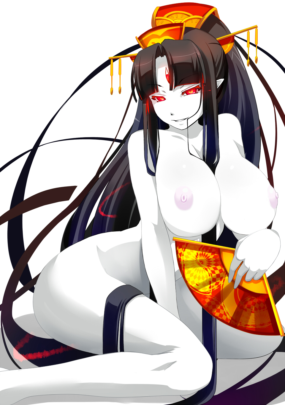 absurdly_long_hair big_breasts black_hair breasts hair_in_mouth hair_ornament kimono long_legs nipples official_art pointy_ears pure_white_devil_(succubus_prison) red_clothes red_clothing red_eyes seducing seductive seductive_eyes seductive_look seductive_mouth seductive_smile shiki_(psychedelic_g2) succubus_prison white_skin