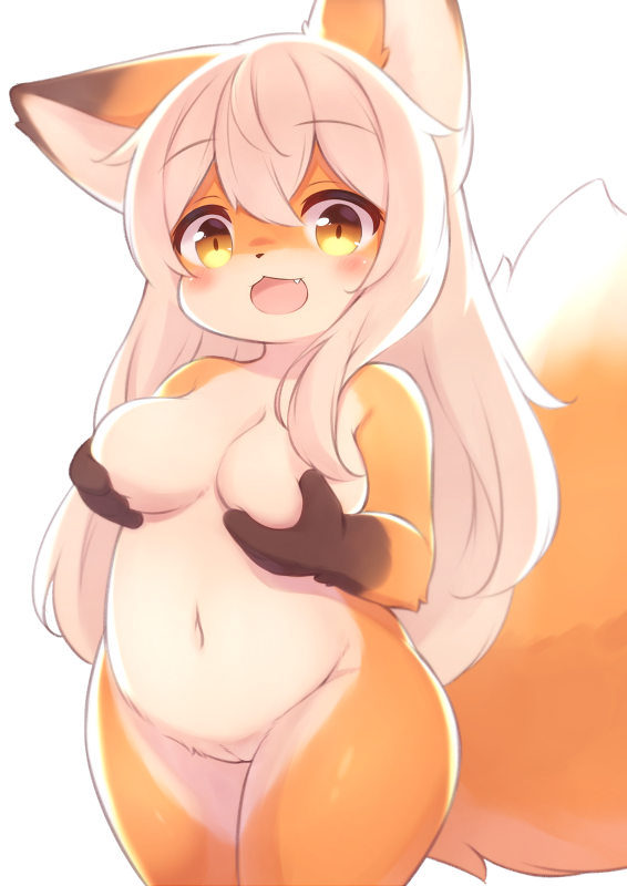 animal_ear_fluff animal_ears body_fur breast_hold breasts brown_eyes covering_nipples female fox_ears fox_girl fox_tail furry furry_female groin long_hair matsuu_(akiomoi) matsuura navel nude oerba_yun_fang open_mouth original pussy smile solo tail thighs white_hair