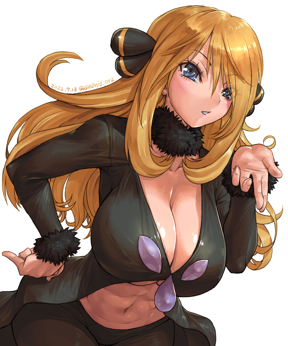 1girls amania_orz big_breasts blonde_hair blowing_kiss blue_eyes breasts busty cleavage collarbone cynthia_(pokemon) fur_collar fur_cuffs hand_on_hip huge_breasts leaning_forward looking_at_viewer mature mature_female mature_woman navel no_bra no_bra_under_clothes pokemon pokemon_trainer pose posing sensual skimpy tight_clothing white_background