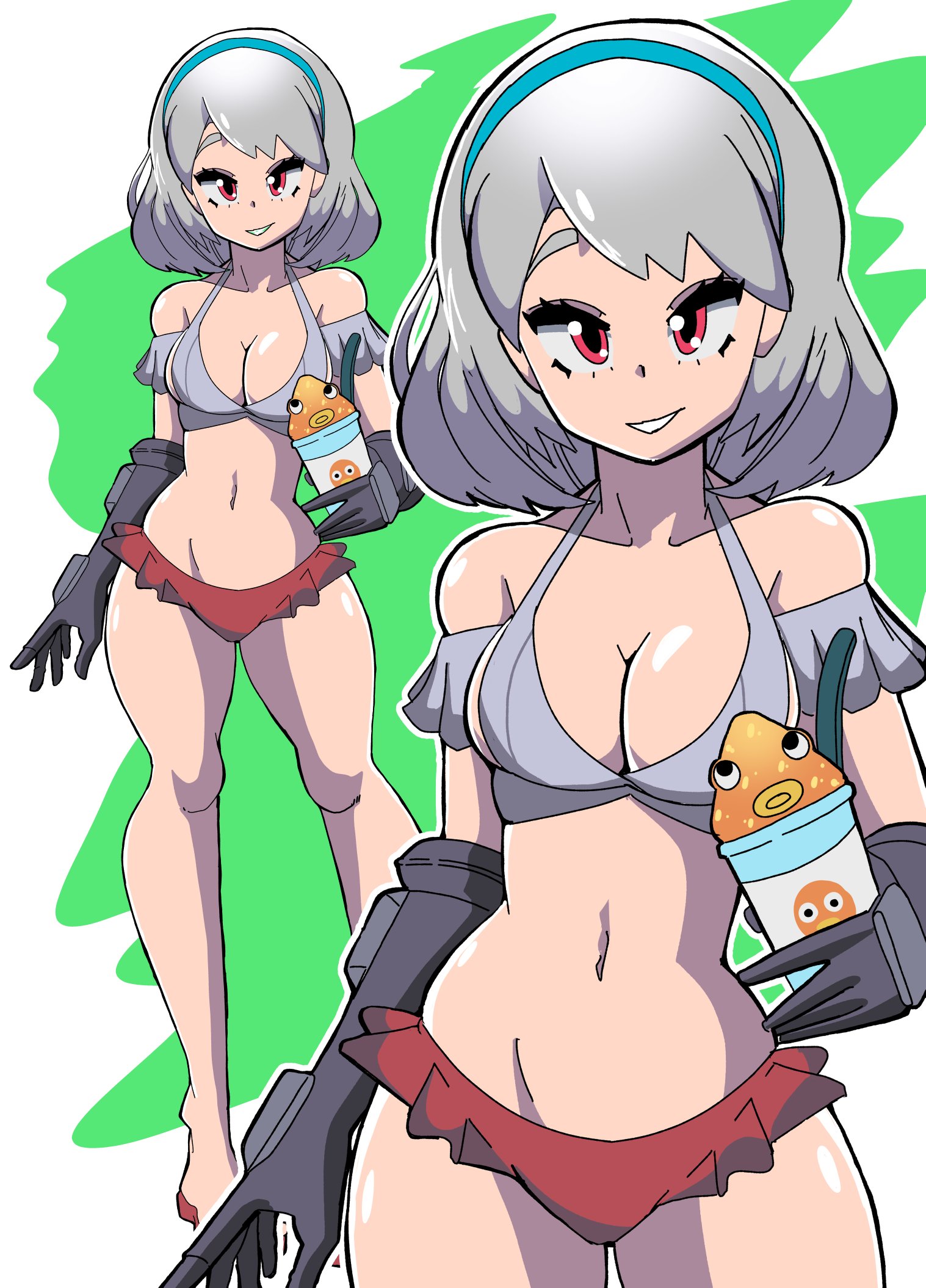 1girls, bikini, blonde female, delsur, female, female only, fortnite, lexa (fortnite), red eyes, silver hair, solo, solo female