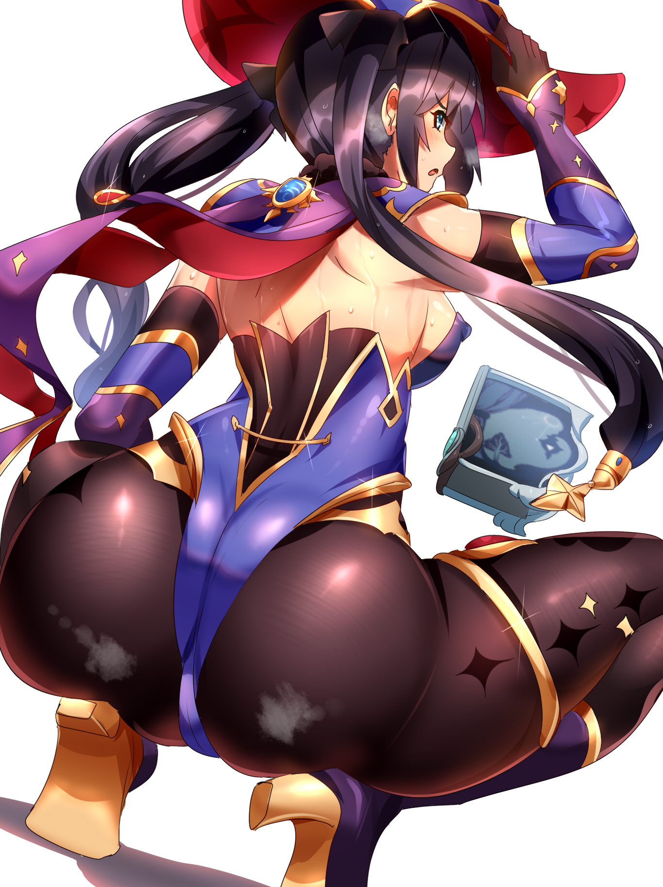 1girls, alternate version available, ass, ass focus, back view, big ass, blue eyes, book, breasts, erect nipples, female, female only, genshin impact, heels, high heels, huge ass, large ass, leggings, legs, legs apart, legwear, leotard, magukappu, medium breasts, mona (genshin impact), nipples, purple hair, sideboob, solo, solo female, spread legs, squatting, steam, steamy ass, sweat, sweatdrop, thick thighs, thighs, twintails, witch, witch hat