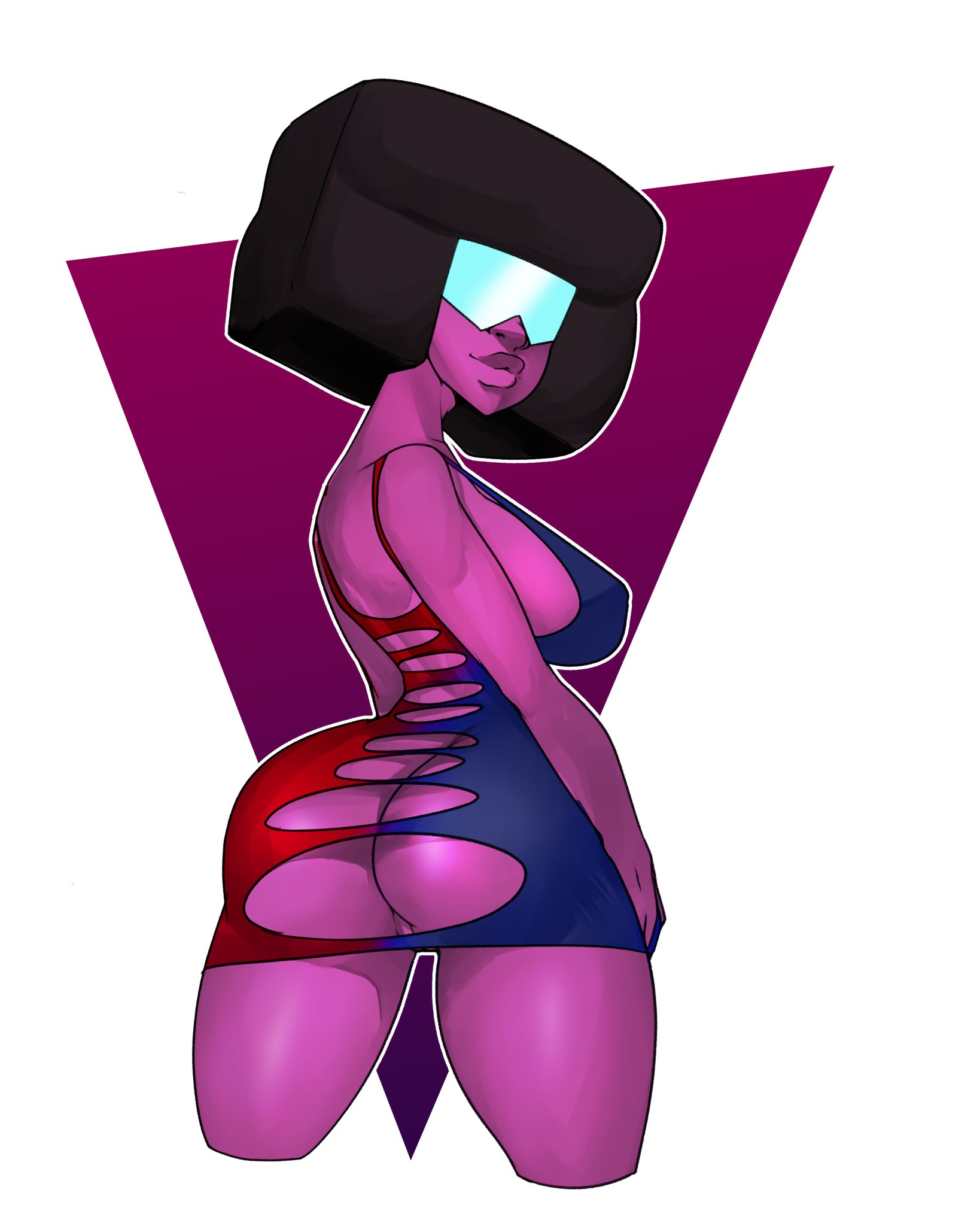 1girls, black hair, dress, female, garnet (steven universe), gem fusion, glasses, humanoid, looking at viewer, no bra, no panties, no underwear, noodledoodles, revealing clothes, steven universe
