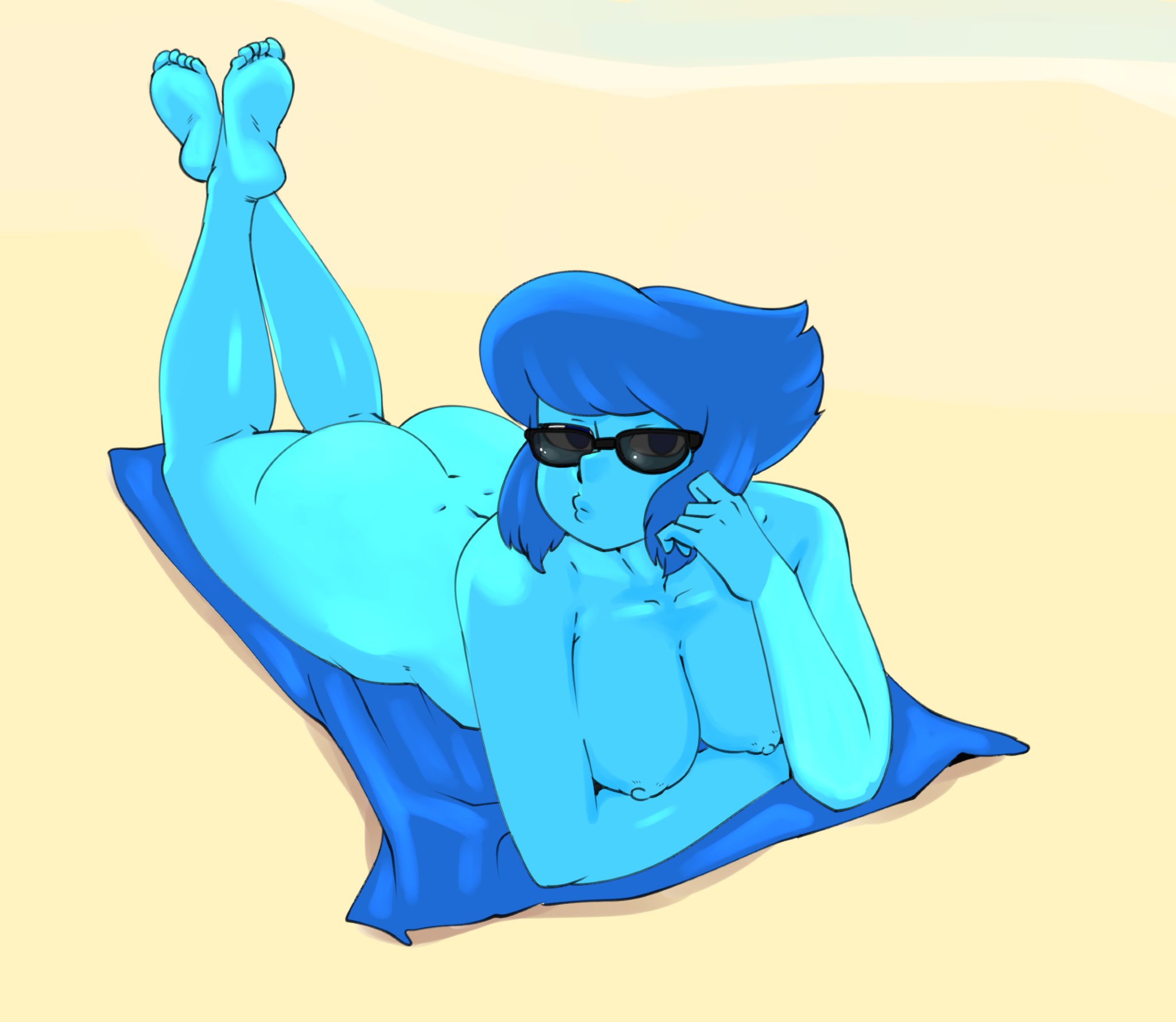 1girls, blue body, blue eyes, blue hair, blue skin, cartoon network, completely nude, female, gem (species), lapis lazuli (steven universe), looking at viewer, lying, lying on stomach, nude, steven universe, sunglasses