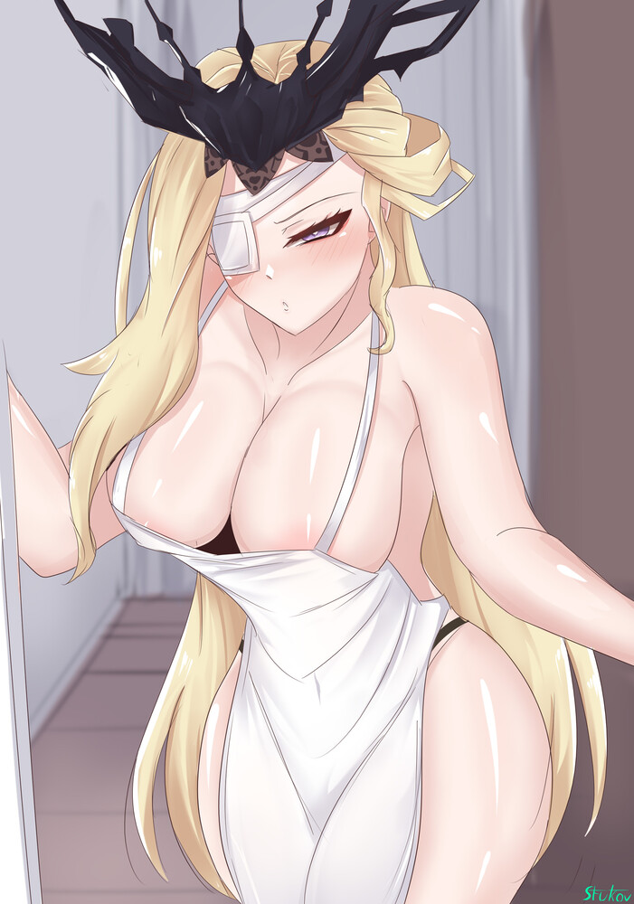 1girls, areola slip, ass, big ass, big breasts, blonde hair, blue eyes, breasts, eye patch, female, female only, genshin impact, huge breasts, long hair, one eye covered, signora (genshin impact), solo, stukov, wardrobe malfunction, white dress