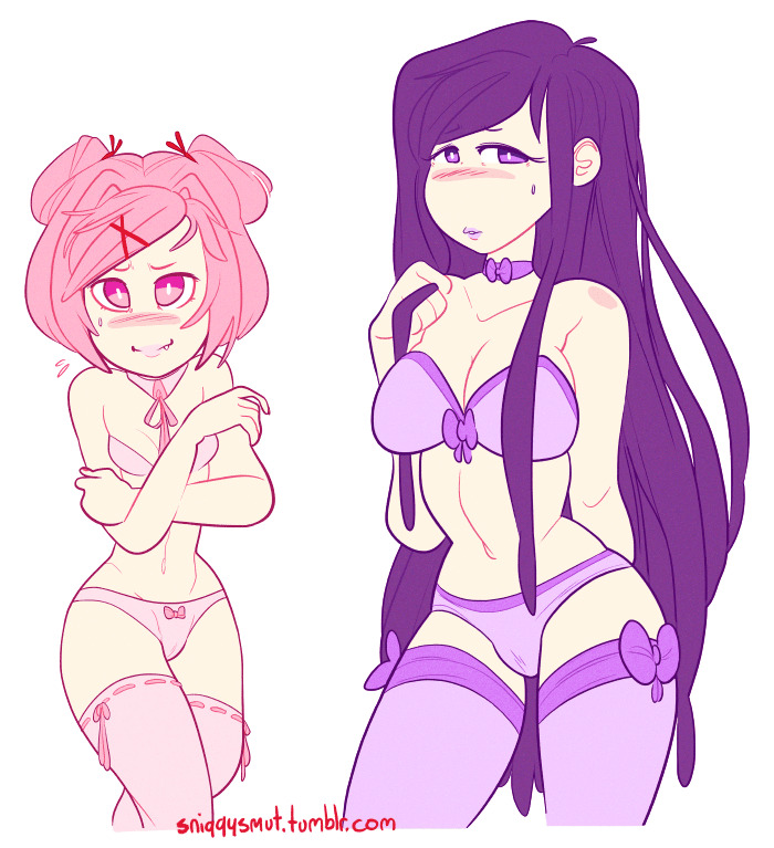 2girls blush blushing bow_bra bow_panties bra breasts cleavage covering covering_breasts doki_doki_literature_club embarrassed embarrassed_female female female_only lingerie lingerie_only long_hair matching_underwear multiple_girls natsuki_(doki_doki_literature_club) navel panties pink_eyes pink_hair purple_eyes purple_hair sniggysmut thigh_high thigh_highs thighhigh thighhighs white_background yuri_(doki_doki_literature_club)