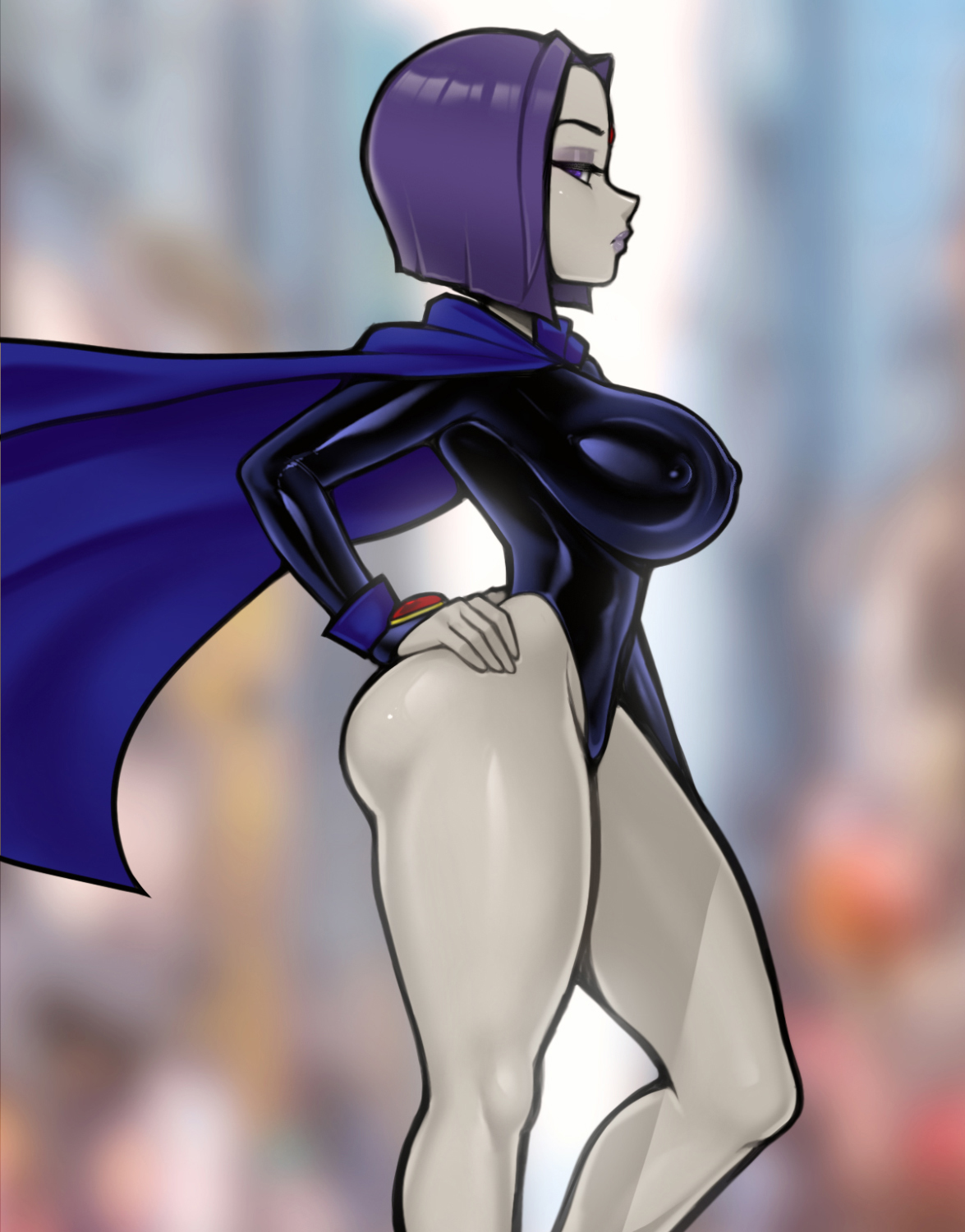 1girls, 2022, 2d, ass, big ass, big breasts, blurry background, breasts, dc, dc comics, demon, demon girl, female, female only, forehead jewel, grey body, grey skin, hand on hip, humanoid, large breasts, leotard, loodncrood, looking at viewer, nipple bulge, nipples, nipples visible through clothing, purple eyes, purple hair, rachel roth, raven (dc), short hair, side view, solo, solo female, standing, straight hair, teen titans, thick thighs, tight clothing