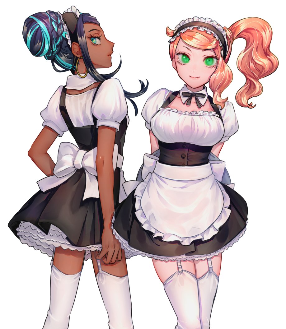 2girls, apron, arms behind back, back, big breasts, black hair, blue highlights, breasts, cleavage, dark skin, detached collar, earrings, eyelashes, eyeliner, female, female only, frills, garter belt, garter straps, green eyes, hair bun, highlights (coloring), holding tray, hoop earrings, large breasts, lingerie, lipstick, long hair, maid, maid apron, maid headdress, maid uniform, makeup, motomei, nessa (pokemon), nintendo, orange hair, pokemon, pokemon ss, puffy sleeves, side ponytail, skirt, sonia (pokemon), stockings, thighhighs, tray, waist apron